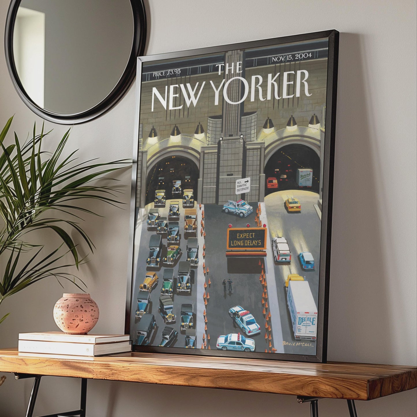 The New Yorker Cover Poster, NYC Tunnel Traffic Art Print, Vintage Car Wall Art wall art print