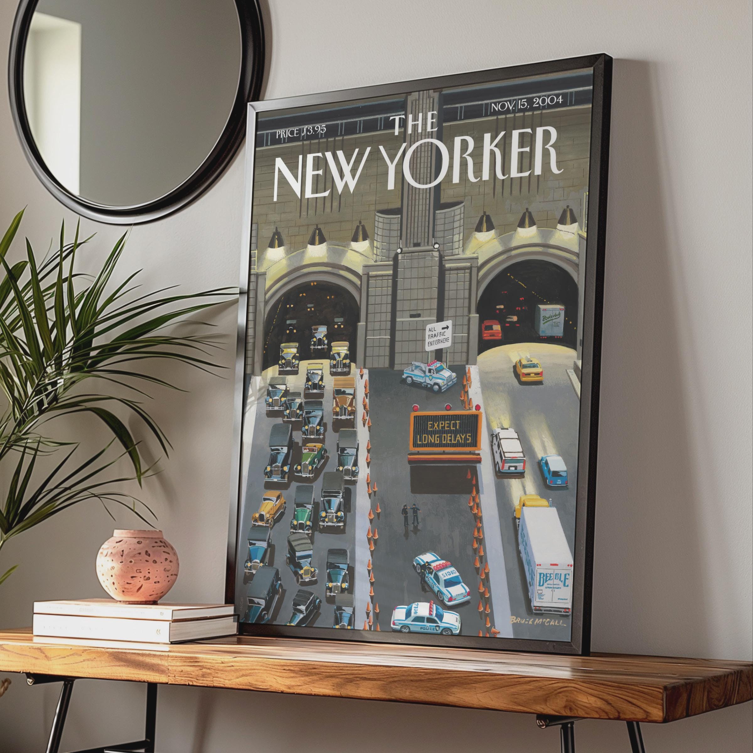The New Yorker Cover Poster, NYC Tunnel Traffic Art Print, Vintage Car Wall Art wall art print