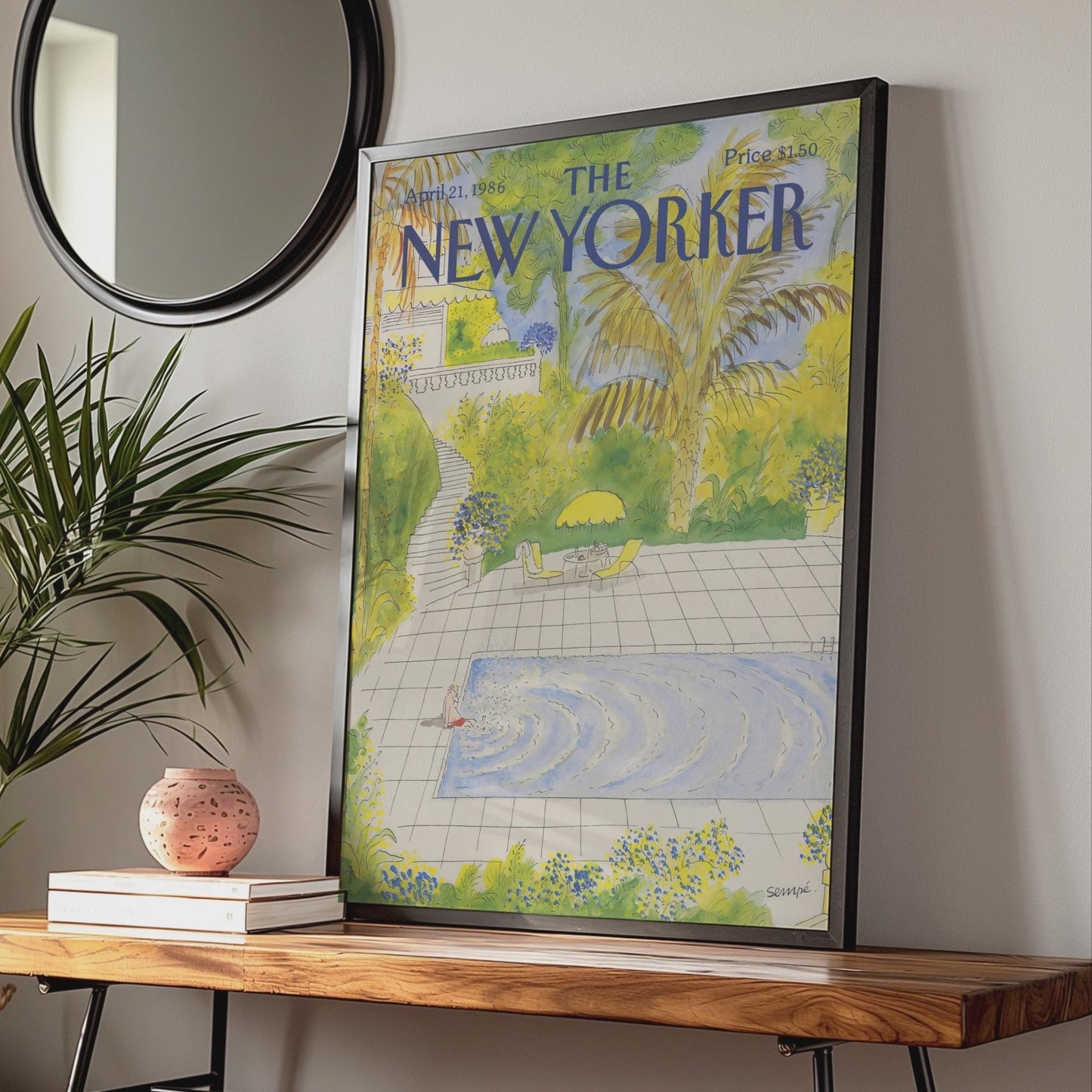 New Yorker Cover Poster 1986, Pool Garden Art Print, Sempe Illustration Wall Art wall art print