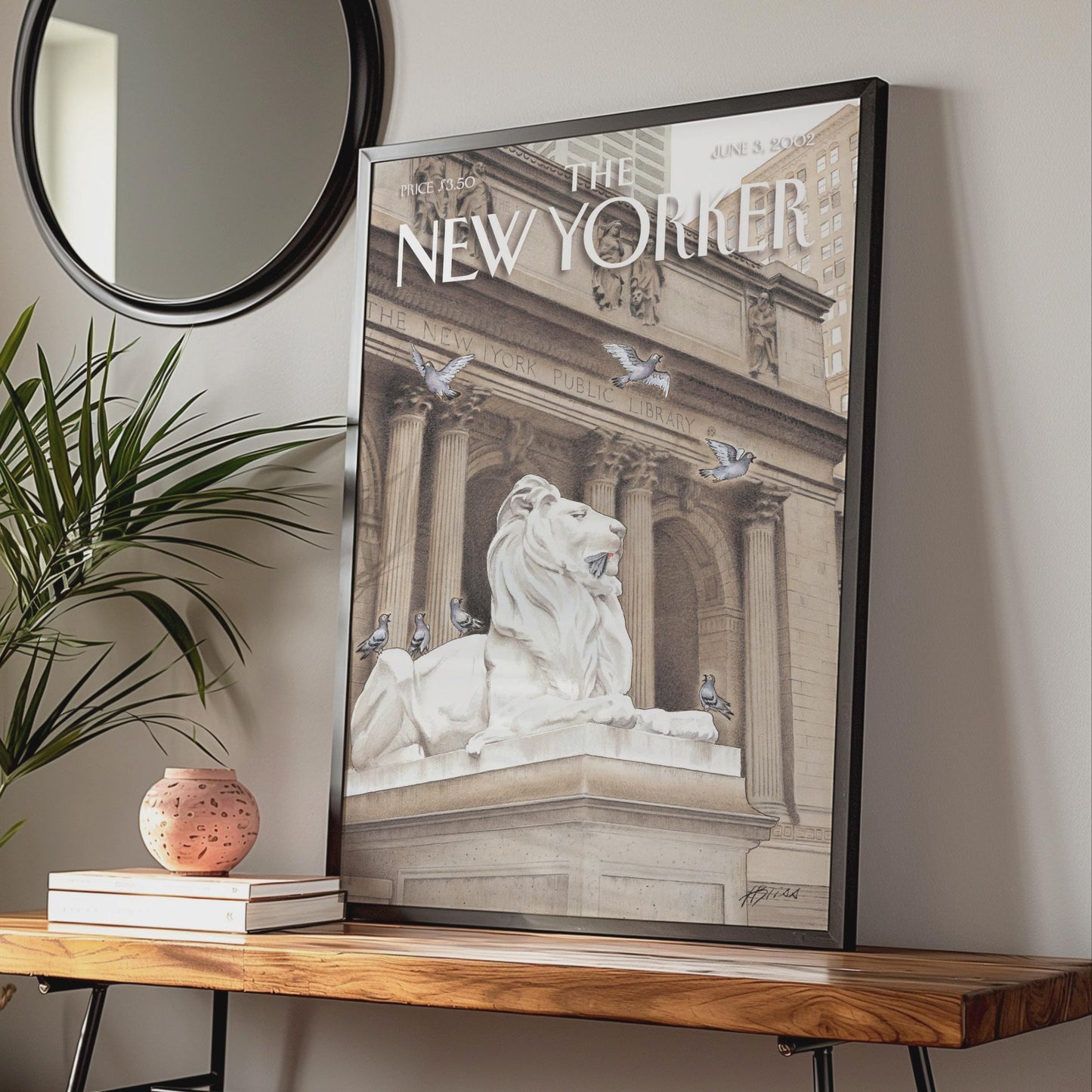New Yorker Cover Poster, NYC Public Library Lion, New York Wall Art, Pigeon Print wall art print