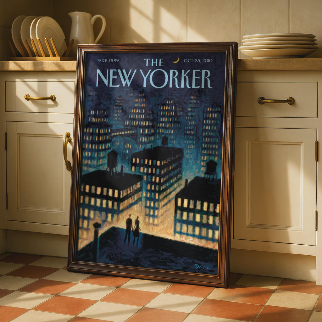 The New Yorker Cover Poster, NYC Night Skyline Couple Art, Blue City Wall Art Print wall art print