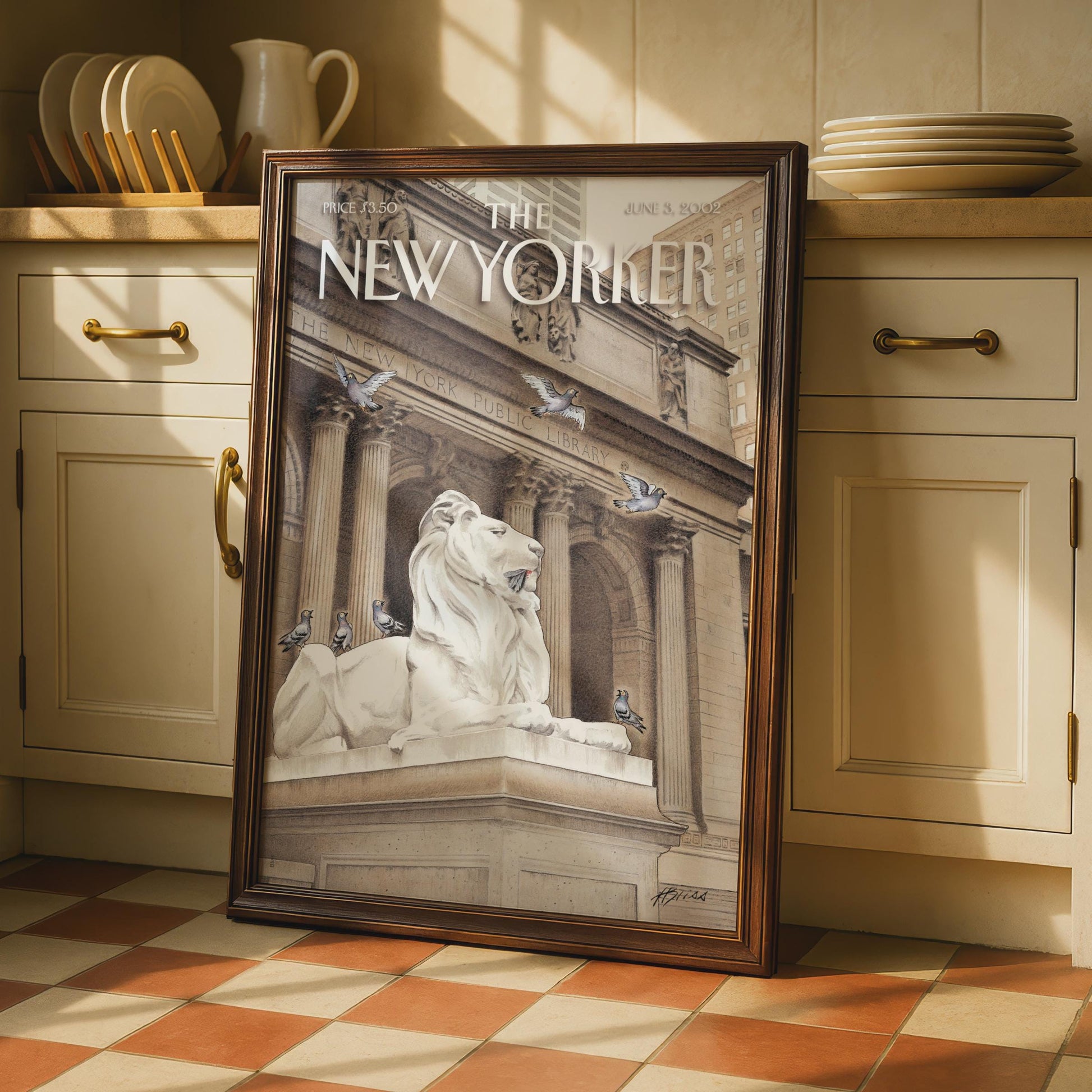 New Yorker Cover Poster, NYC Public Library Lion, New York Wall Art, Pigeon Print wall art print