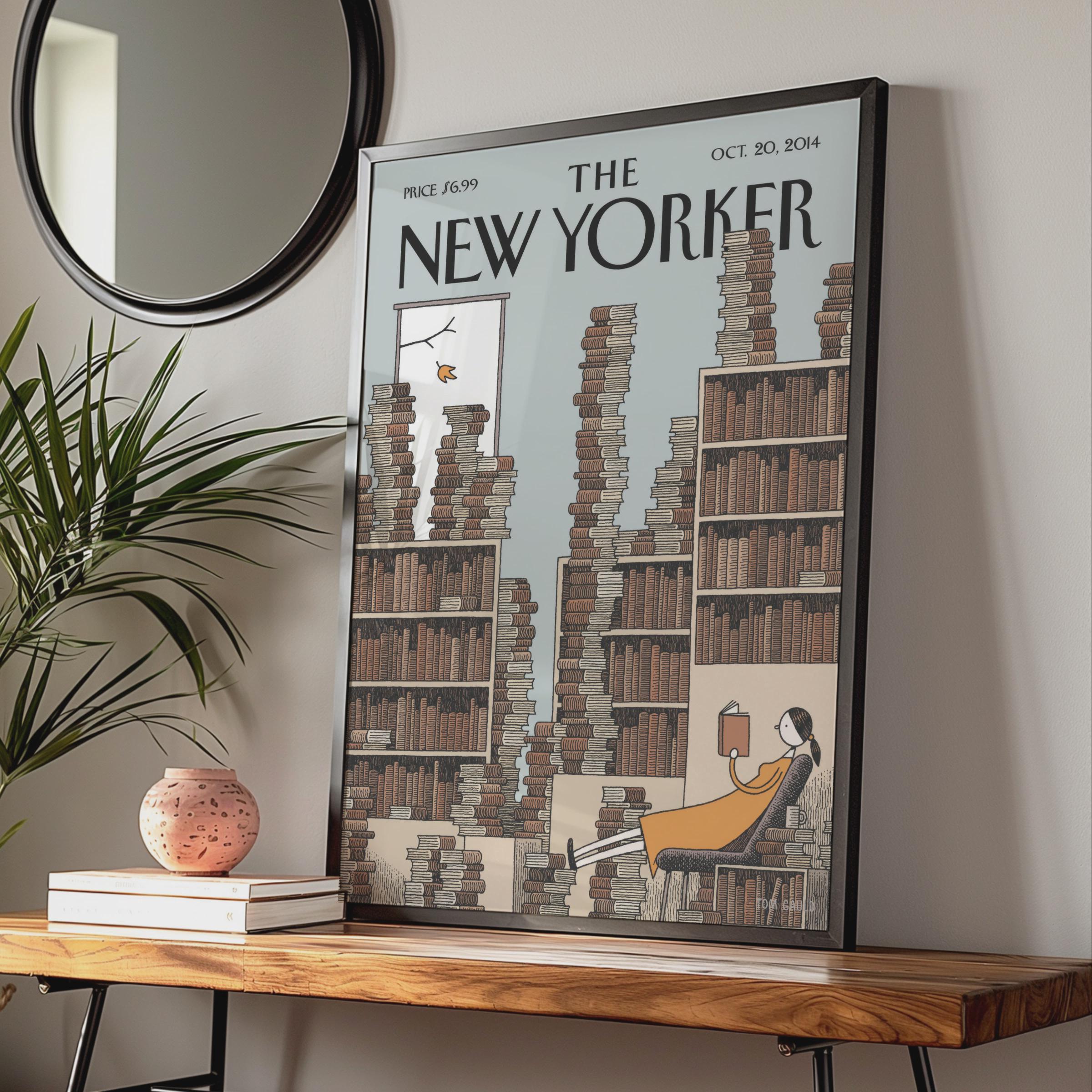 The New Yorker Cover Poster, Library Reading Art Print, Book Lover Wall Art, Oct 2014 wall art print
