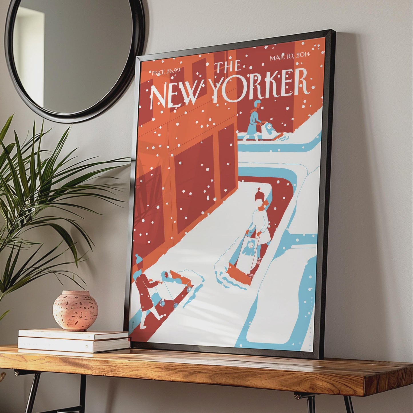 The New Yorker Poster, Winter Snow City Scene, Retro Illustration Wall Art Print wall art print