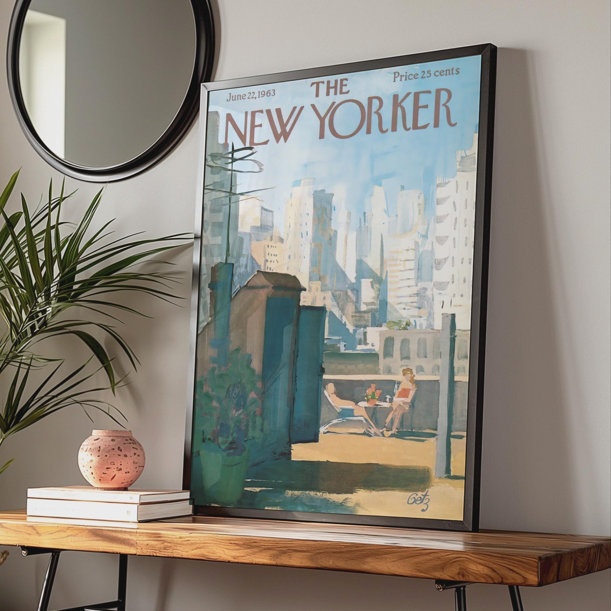 The New Yorker 1963 Rooftop Sunbathing NYC Skyline Poster, Vintage Magazine Cover Art wall art print