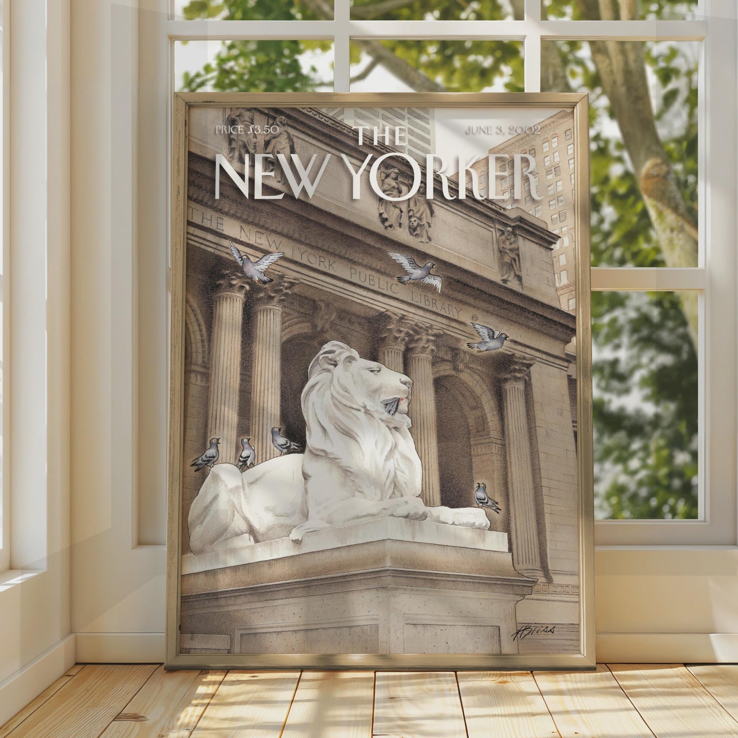 New Yorker Cover Poster, NYC Public Library Lion, New York Wall Art, Pigeon Print wall art print