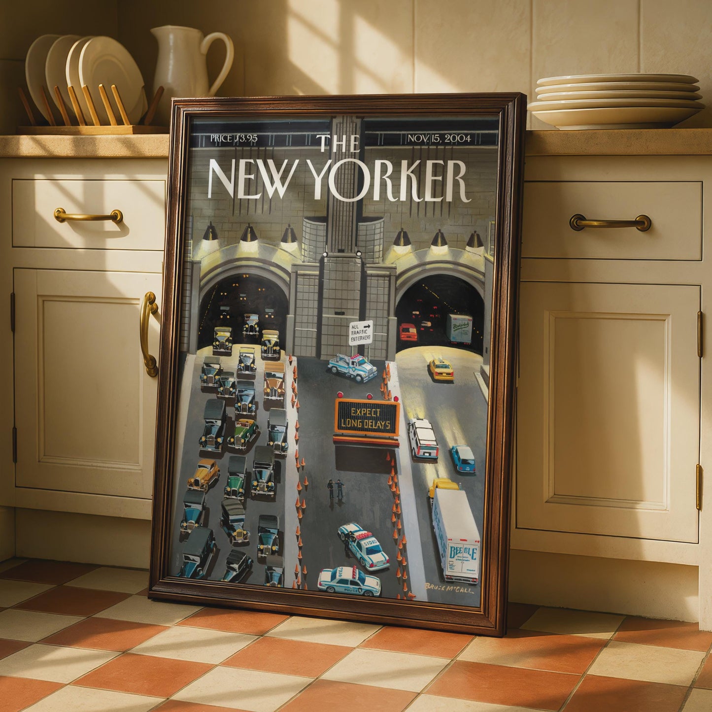 The New Yorker Cover Poster, NYC Tunnel Traffic Art Print, Vintage Car Wall Art wall art print