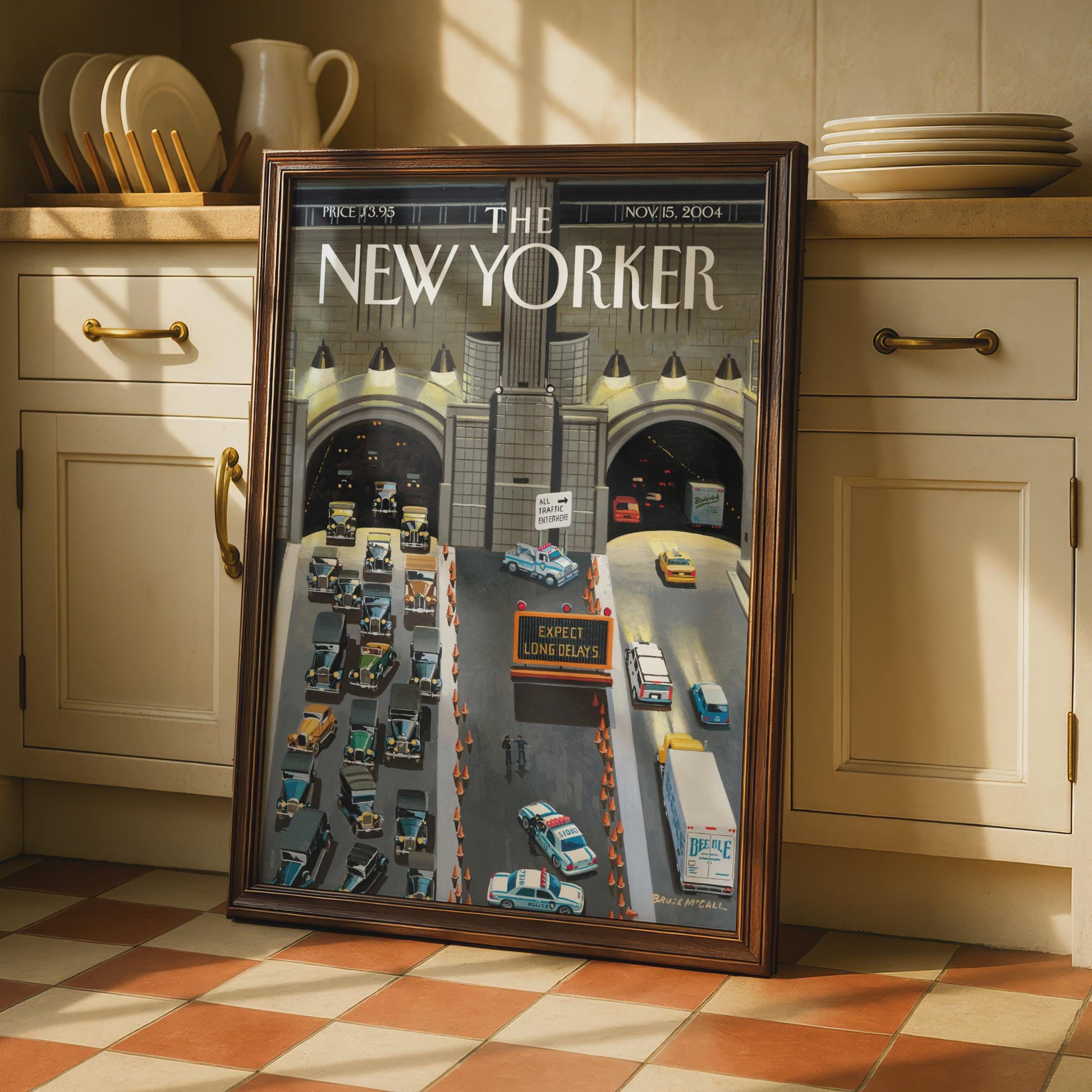The New Yorker Cover Poster, NYC Tunnel Traffic Art Print, Vintage Car Wall Art wall art print