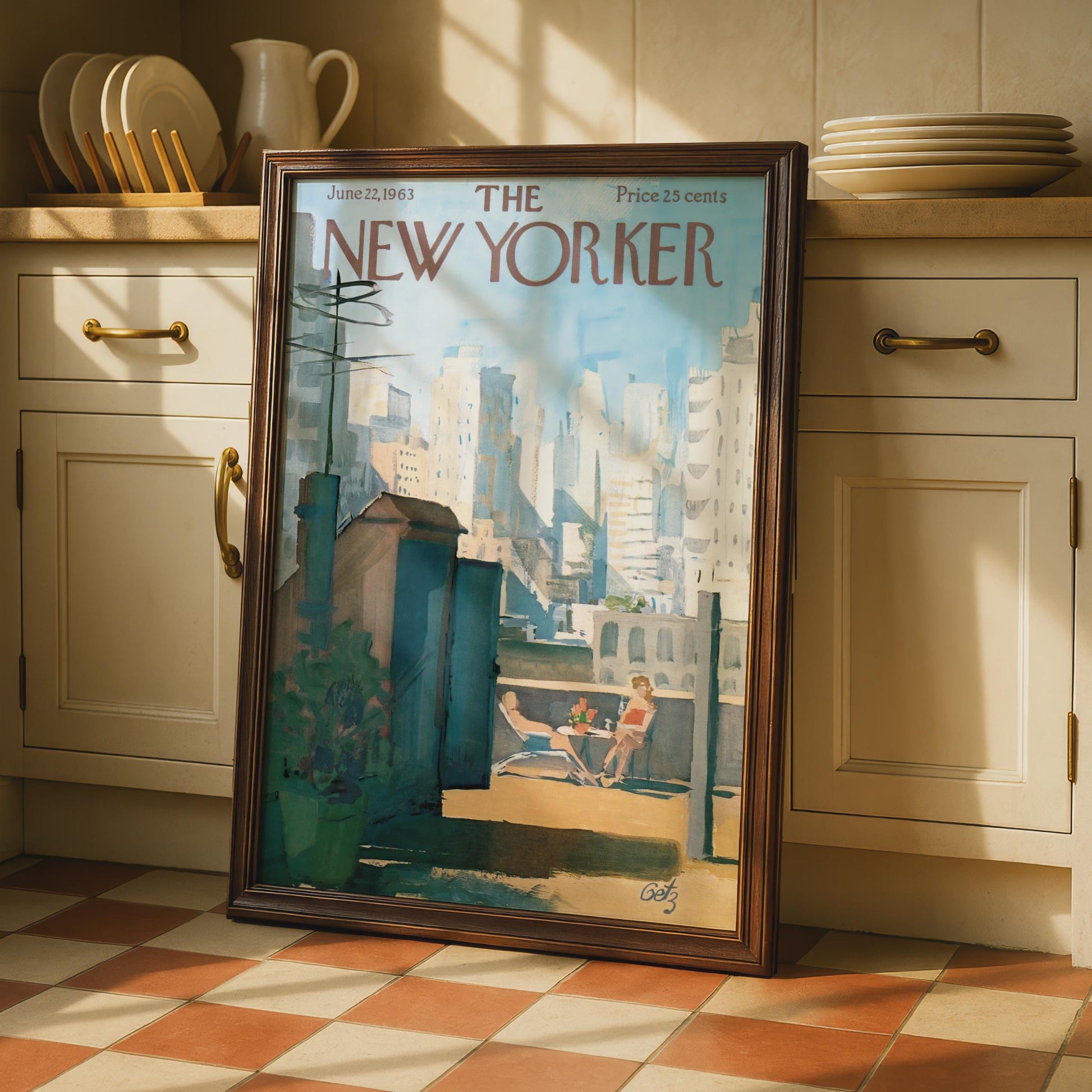 The New Yorker 1963 Rooftop Sunbathing NYC Skyline Poster, Vintage Magazine Cover Art wall art print