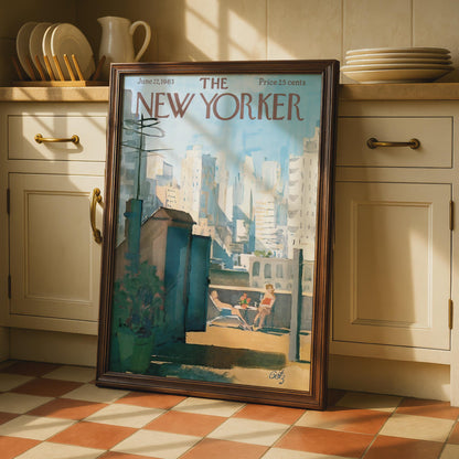 The New Yorker 1963 Rooftop Sunbathing NYC Skyline Poster, Vintage Magazine Cover Art wall art print
