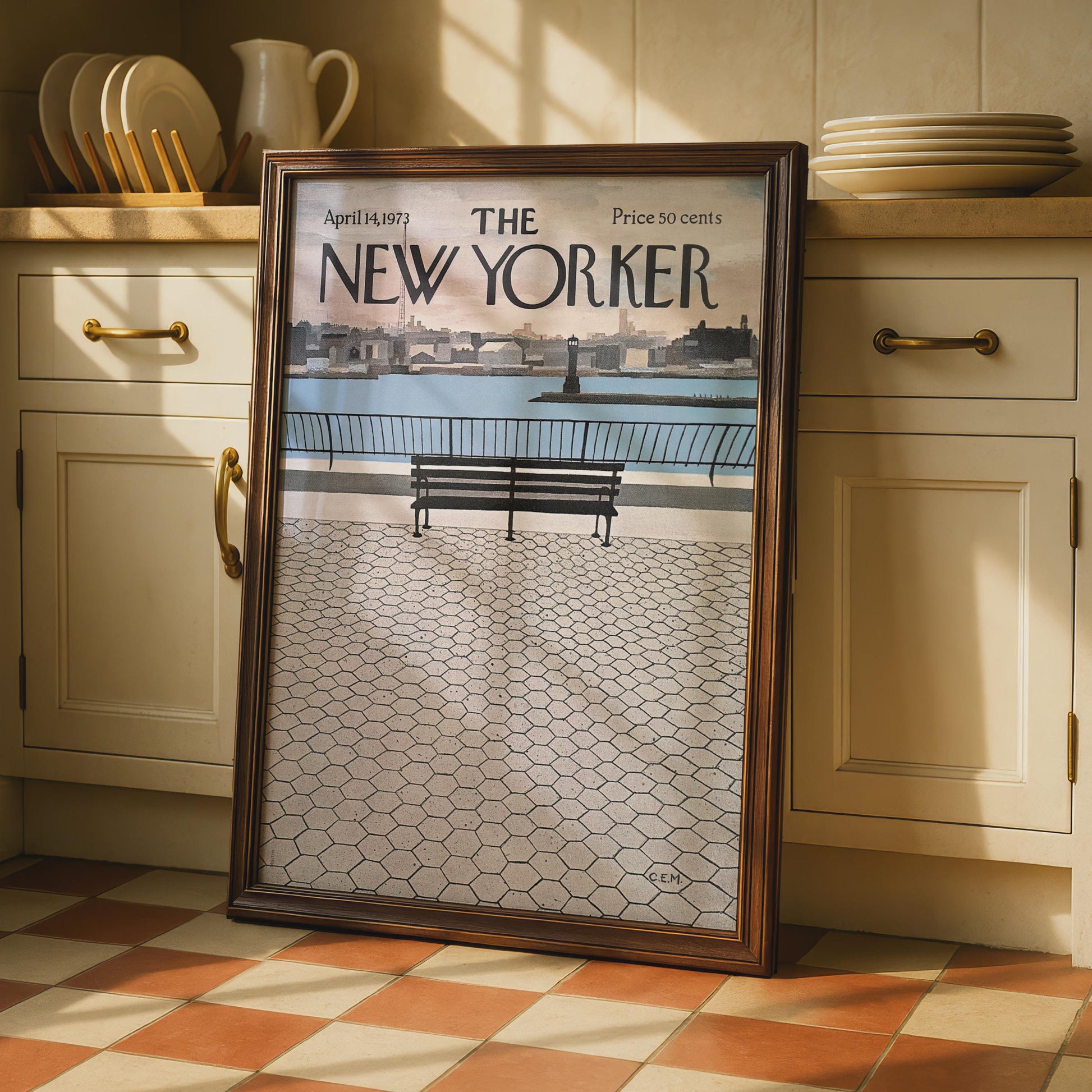 The New Yorker Poster 1973, NYC Riverside Bench Cover Art, Vintage Magazine Print wall art print