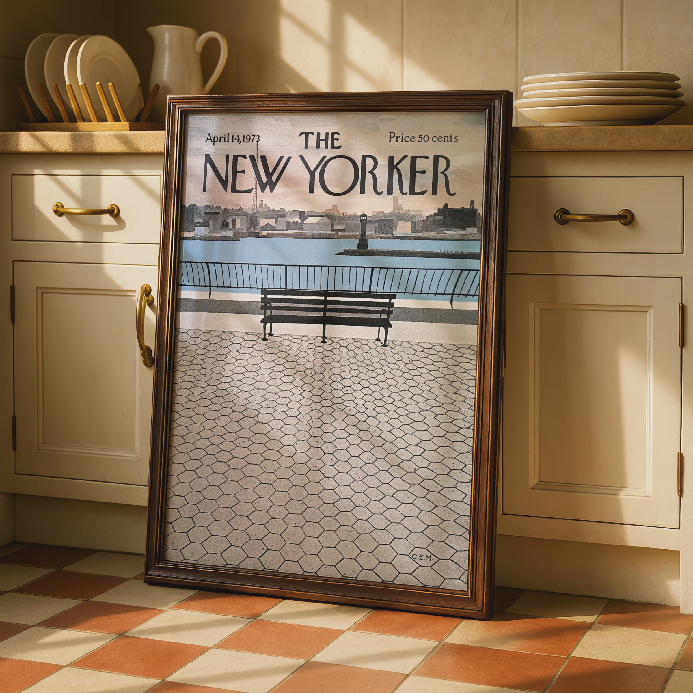 The New Yorker Poster 1973, NYC Riverside Bench Cover Art, Vintage Magazine Print wall art print