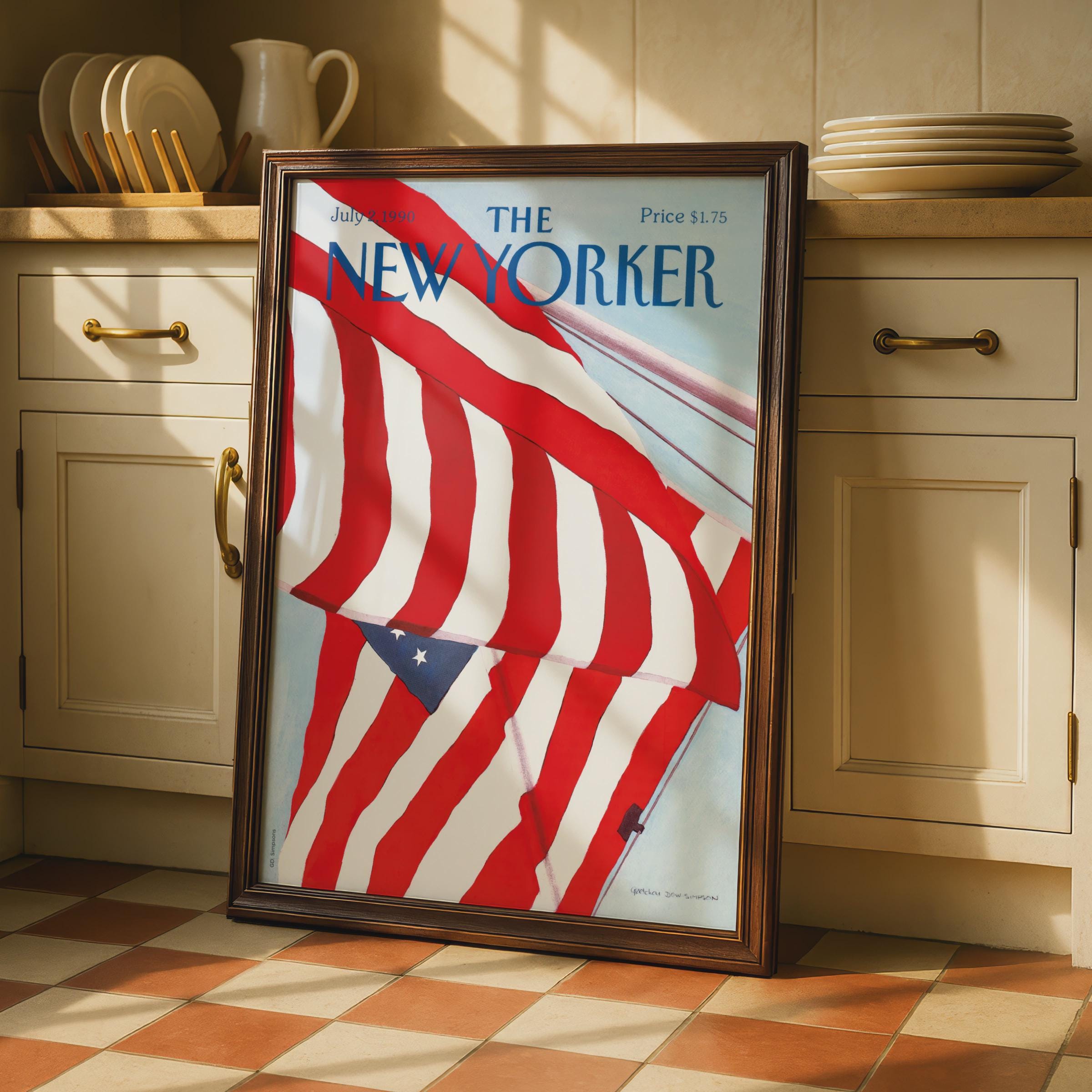 The New Yorker Poster American Flag July 1990, Patriotic Wall Art, Red White Blue wall art print