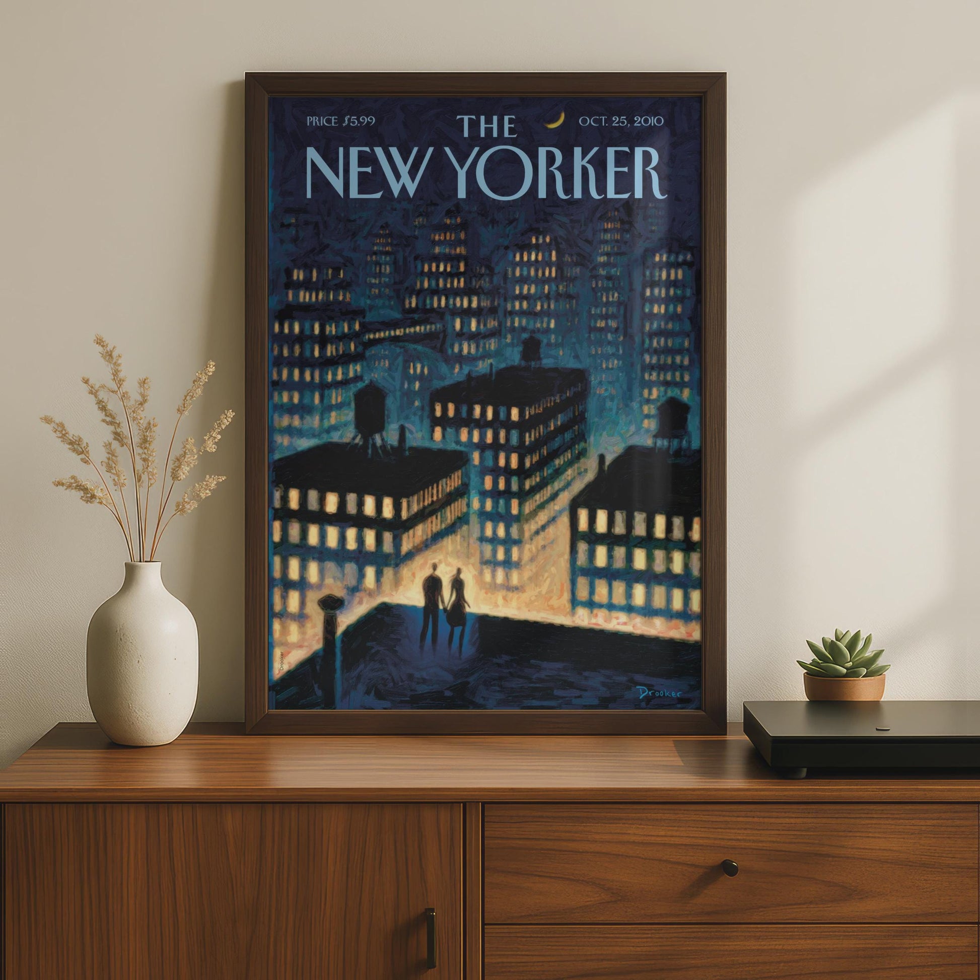 The New Yorker Cover Poster, NYC Night Skyline Couple Art, Blue City Wall Art Print wall art print