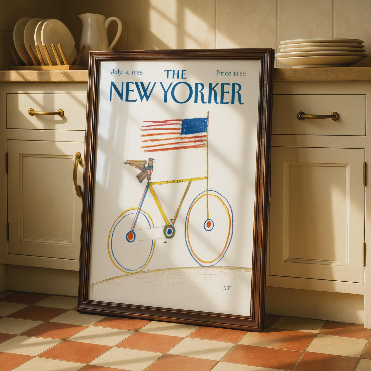 The New Yorker Poster 1985, Bicycle American Flag Art Print, Patriotic Wall Decor wall art print