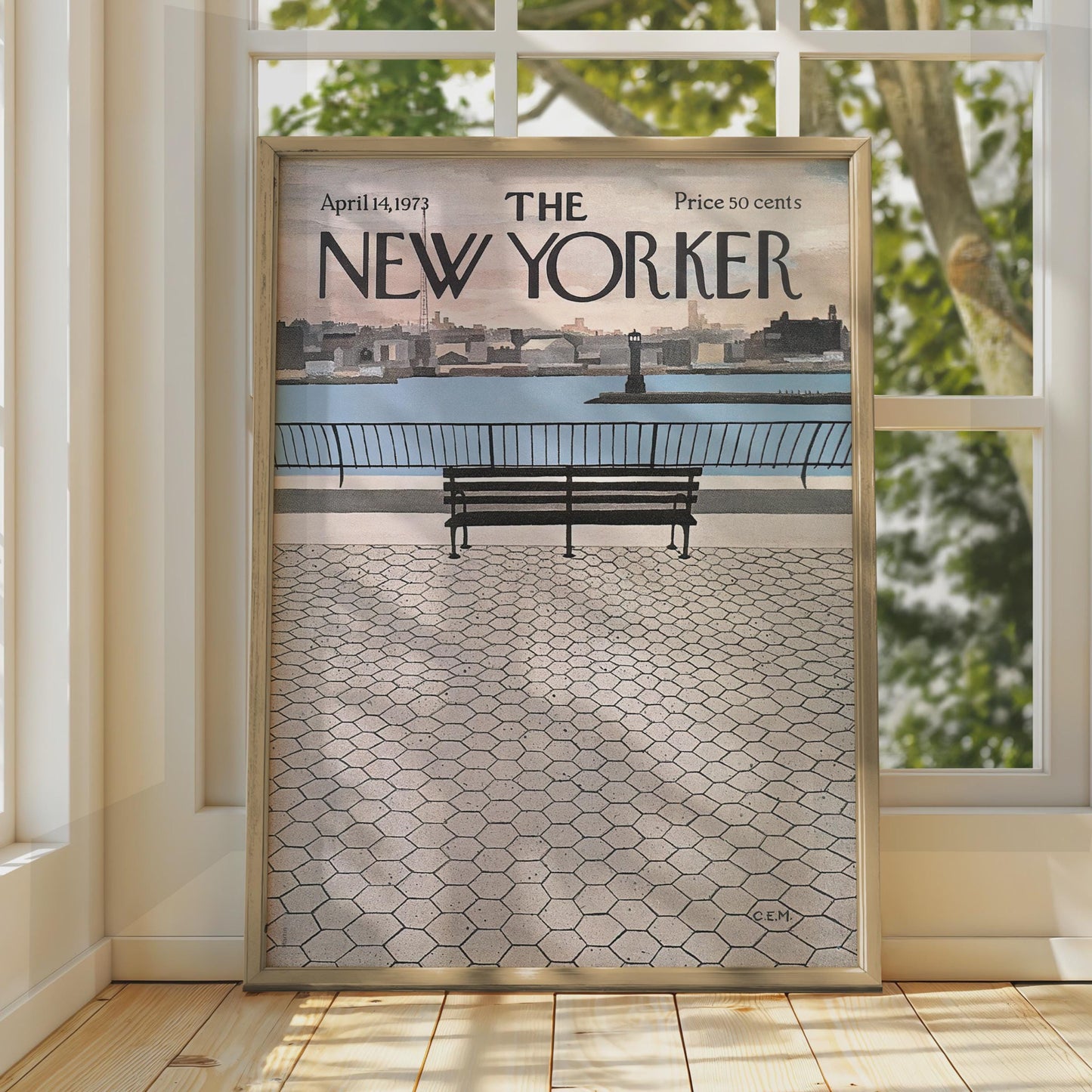The New Yorker Poster 1973, NYC Riverside Bench Cover Art, Vintage Magazine Print wall art print