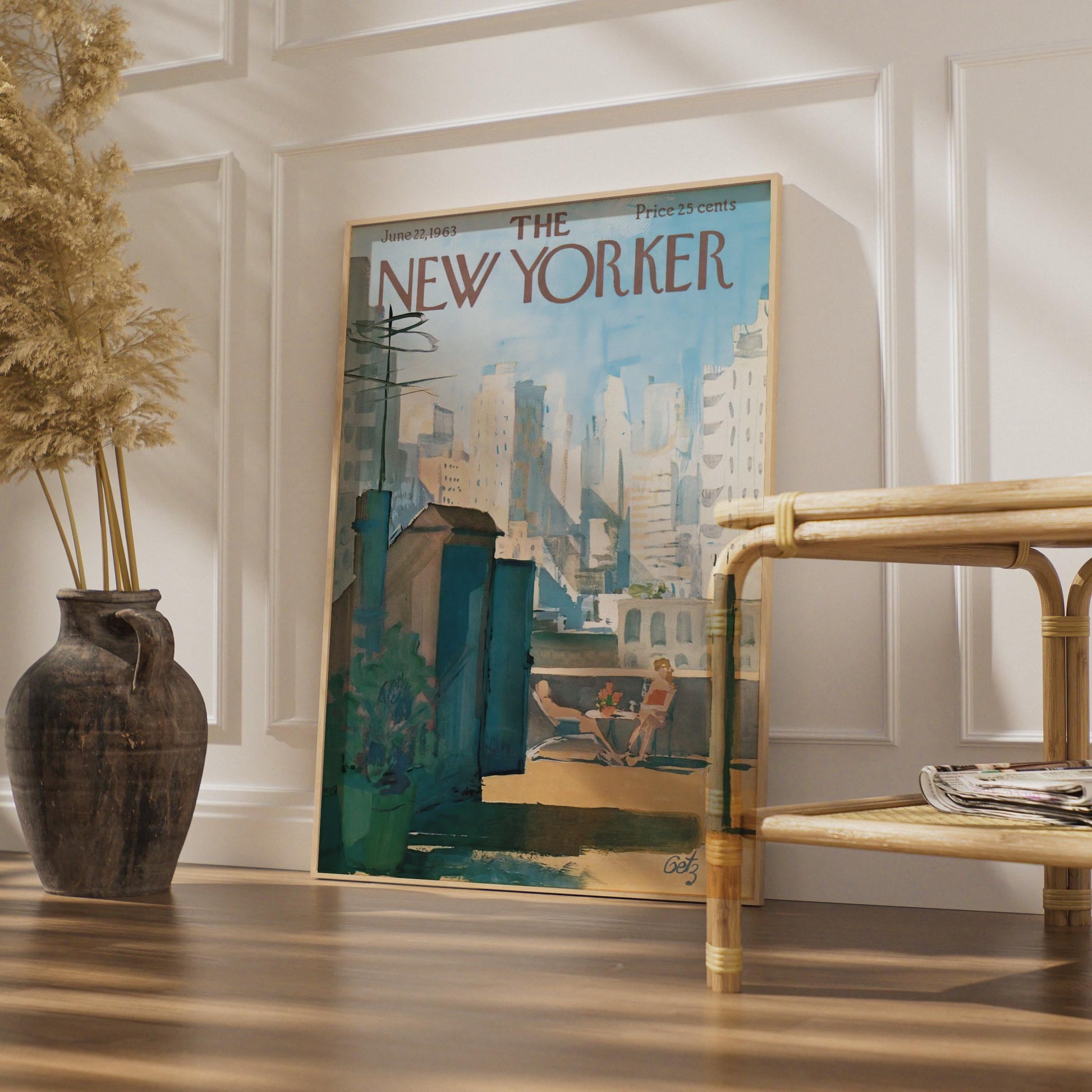 The New Yorker 1963 Rooftop Sunbathing NYC Skyline Poster, Vintage Magazine Cover Art wall art print