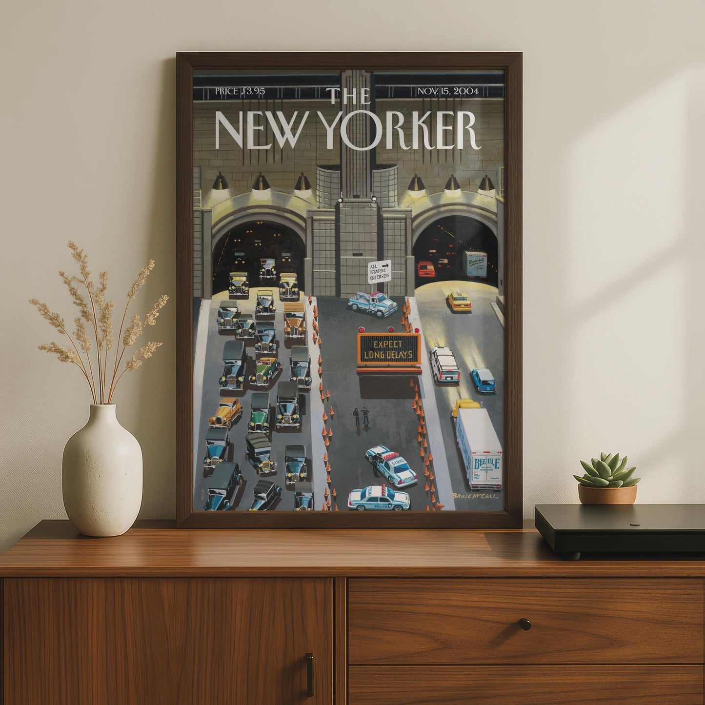 The New Yorker Cover Poster, NYC Tunnel Traffic Art Print, Vintage Car Wall Art wall art print