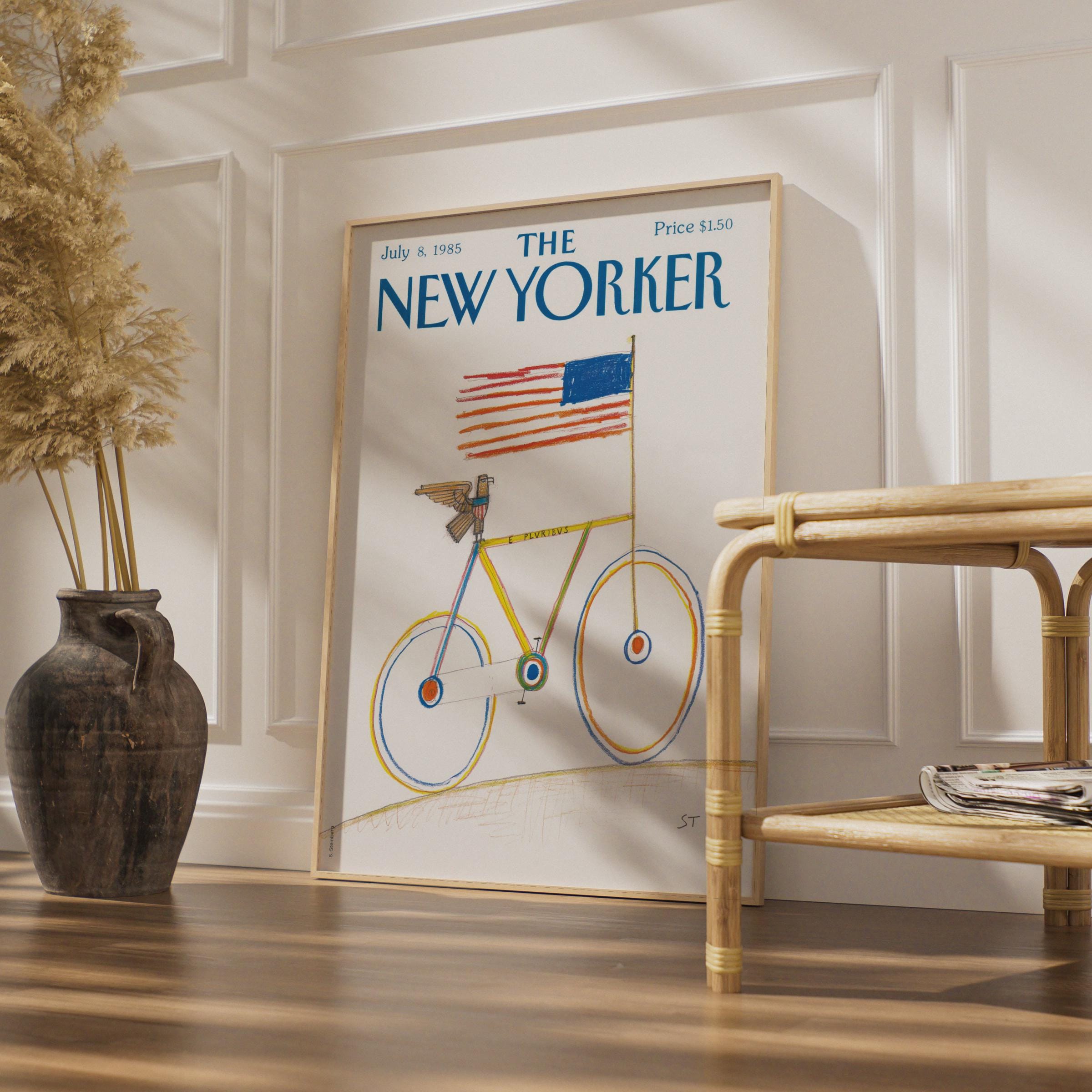 The New Yorker Poster 1985, Bicycle American Flag Art Print, Patriotic Wall Decor wall art print