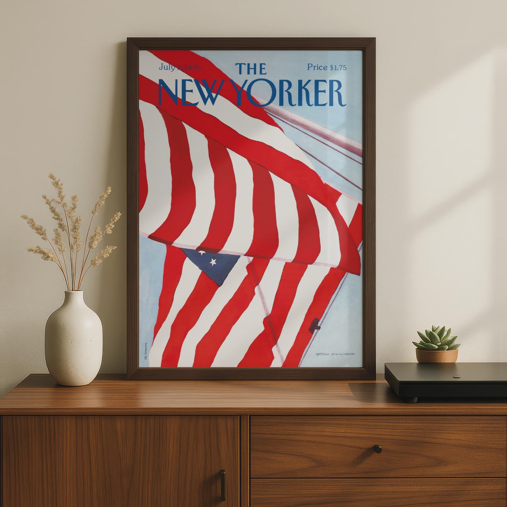 The New Yorker Poster American Flag July 1990, Patriotic Wall Art, Red White Blue wall art print