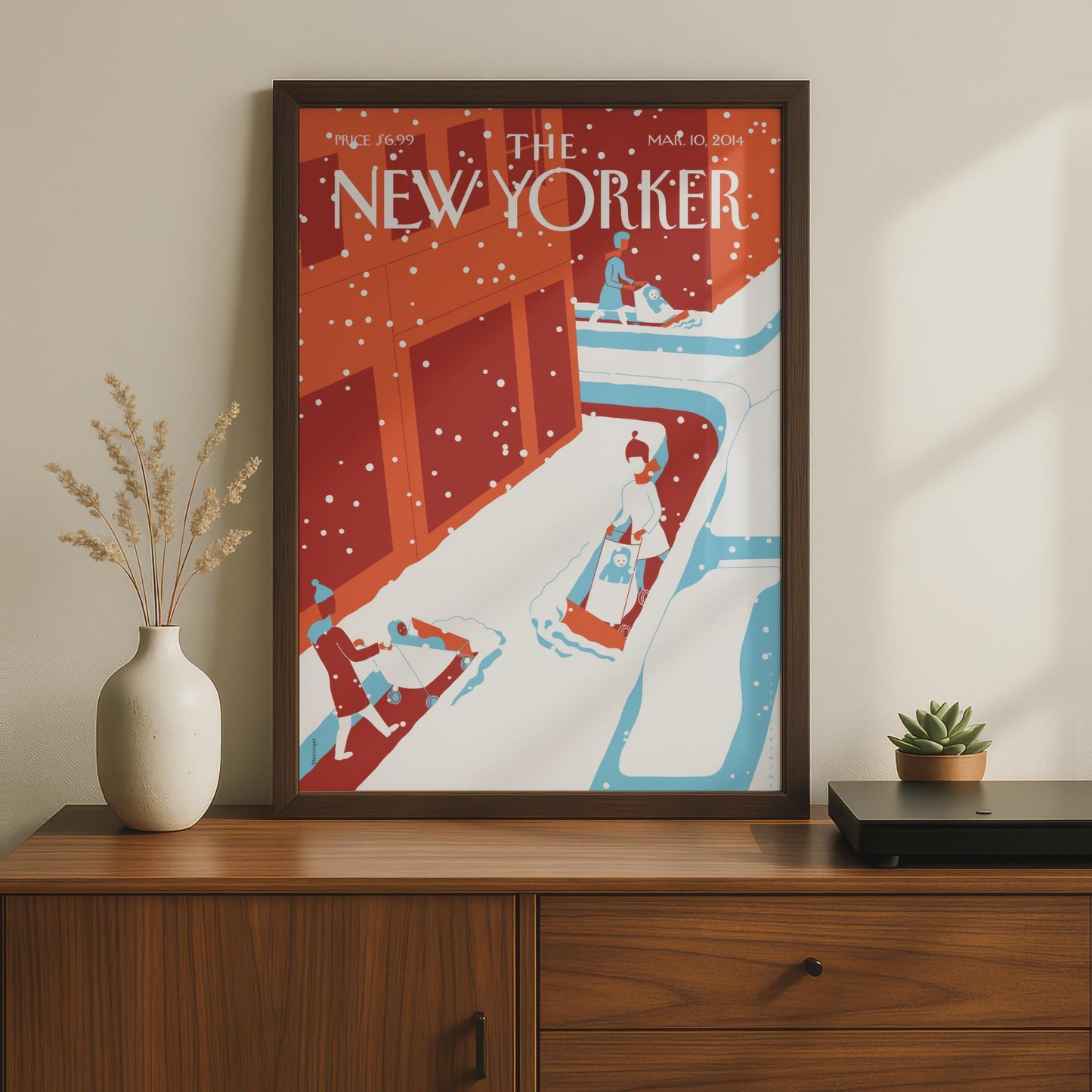 The New Yorker Poster, Winter Snow City Scene, Retro Illustration Wall Art Print wall art print