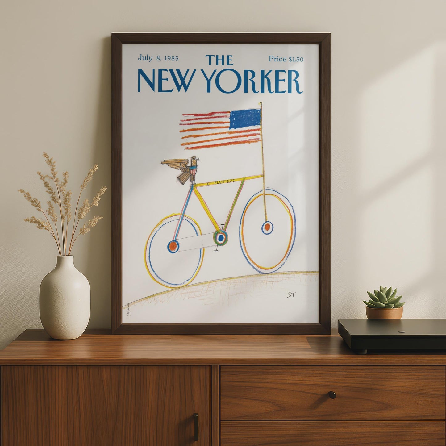 The New Yorker Poster 1985, Bicycle American Flag Art Print, Patriotic Wall Decor wall art print