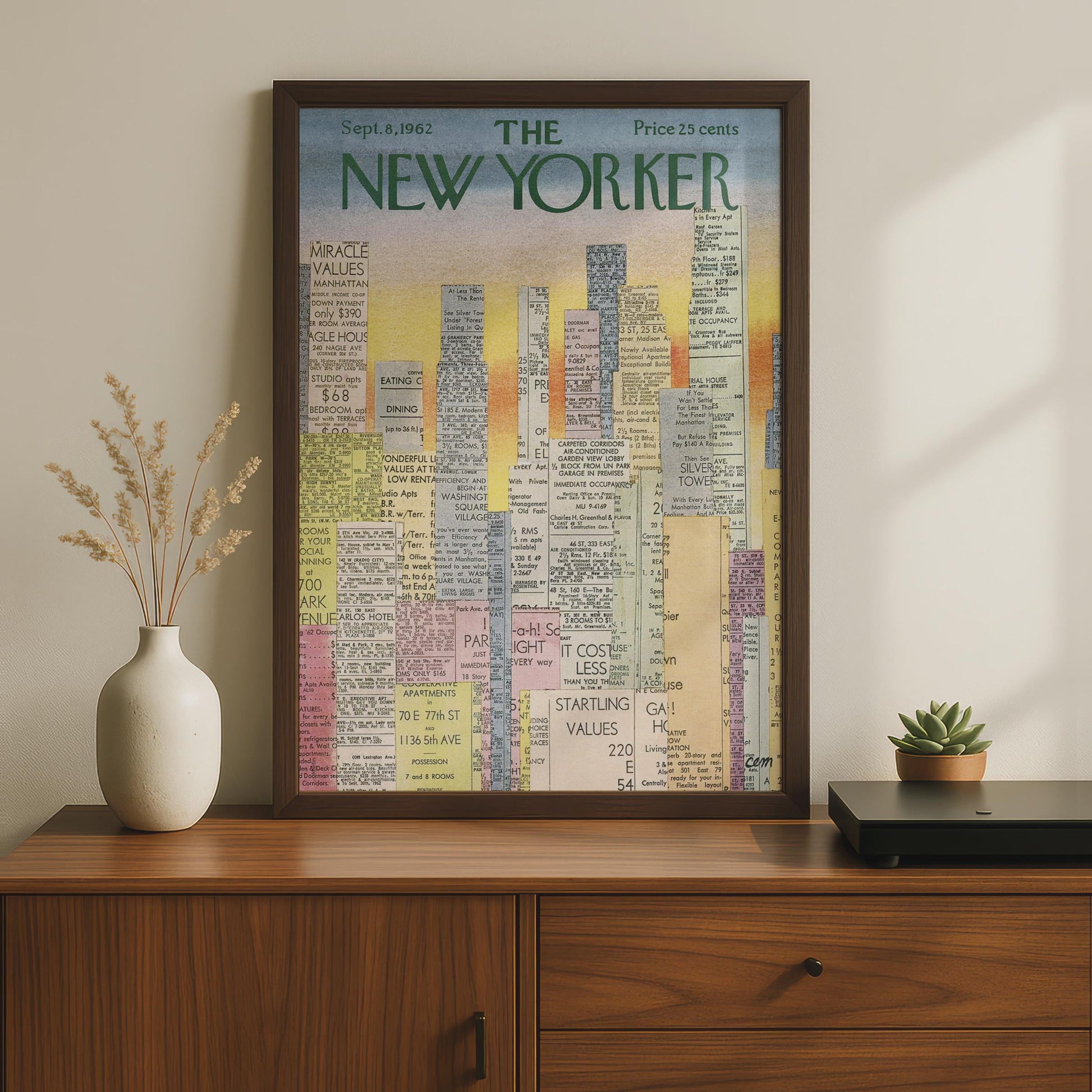 The New Yorker 1962 Cover Poster, Vintage NYC Skyline Classifieds Art Print wall art print