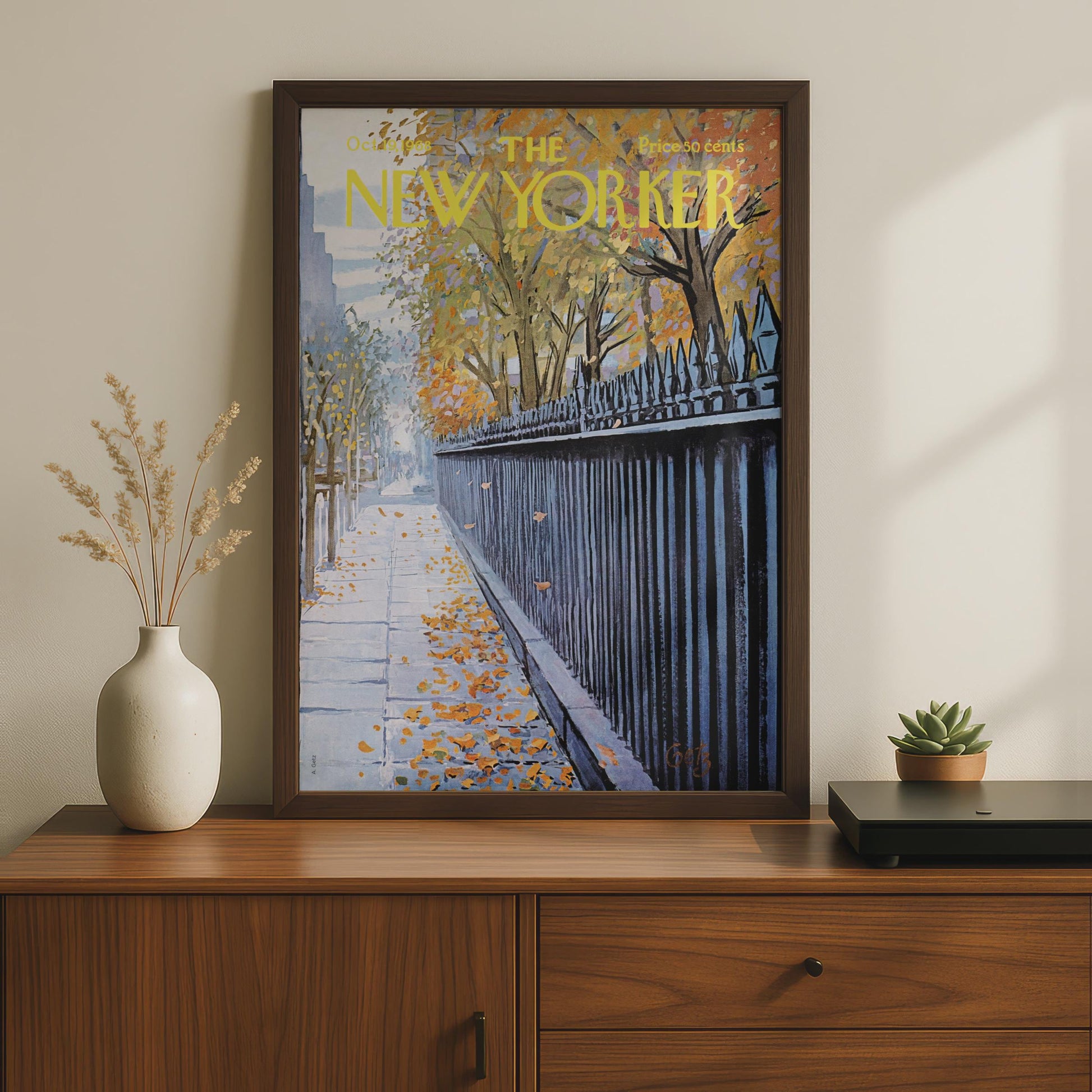The New Yorker Autumn Poster, Fall Leaves NYC Sidewalk Art Print, Vintage Magazine Cover wall art print