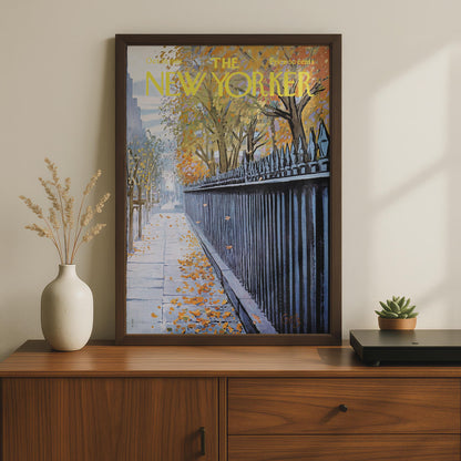 The New Yorker Autumn Poster, Fall Leaves NYC Sidewalk Art Print, Vintage Magazine Cover wall art print