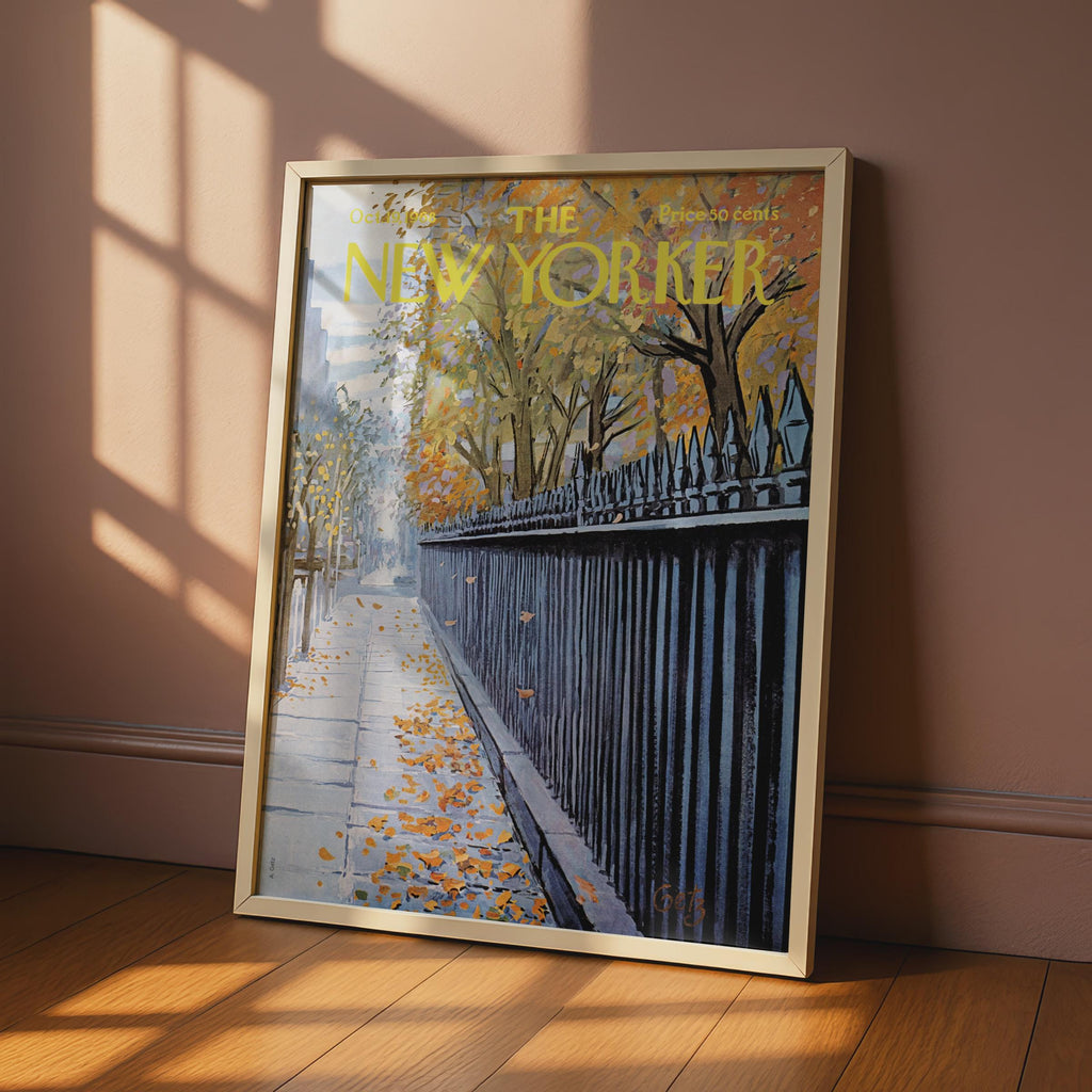 The New Yorker Autumn Poster, Fall Leaves NYC Sidewalk Art Print, Vintage Magazine Cover wall art print