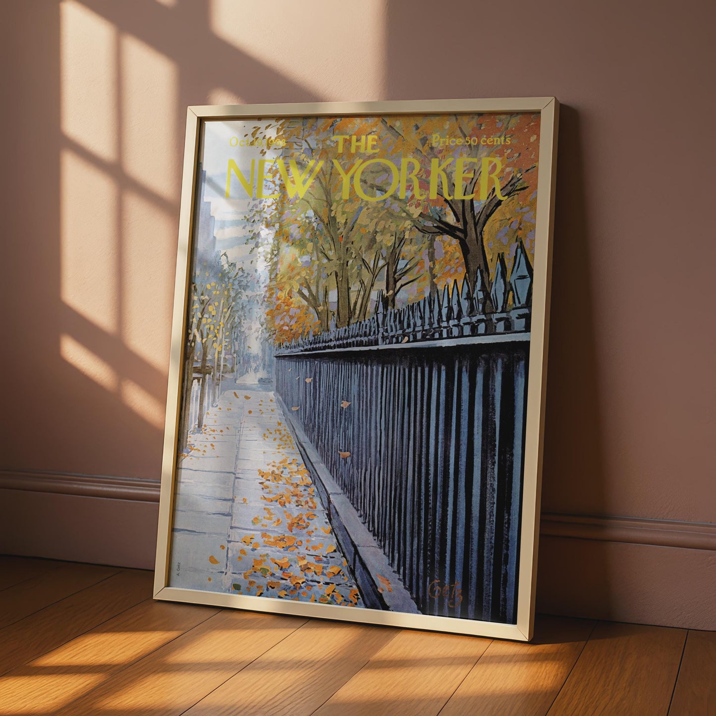 The New Yorker Autumn Poster, Fall Leaves NYC Sidewalk Art Print, Vintage Magazine Cover wall art print
