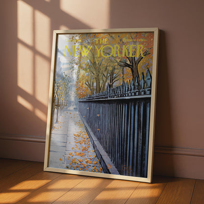 The New Yorker Autumn Poster, Fall Leaves NYC Sidewalk Art Print, Vintage Magazine Cover wall art print