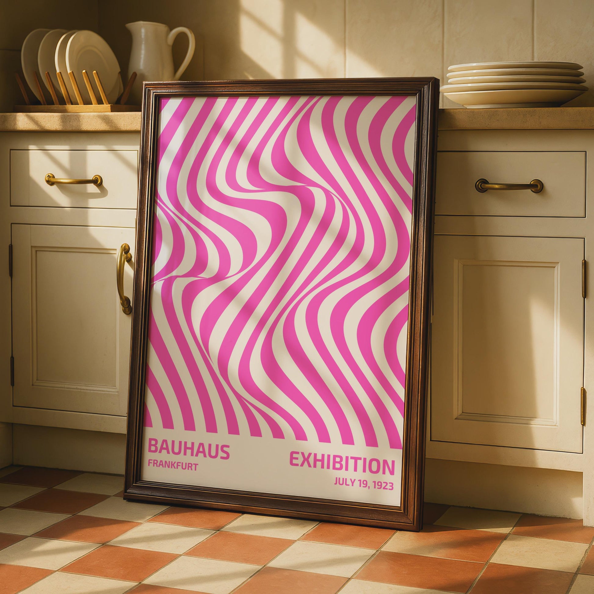 Bauhaus Exhibition Poster, Frankfurt July 19 1923, Vintage Art Print, Pink Wavy Lines, Modernist wall art print