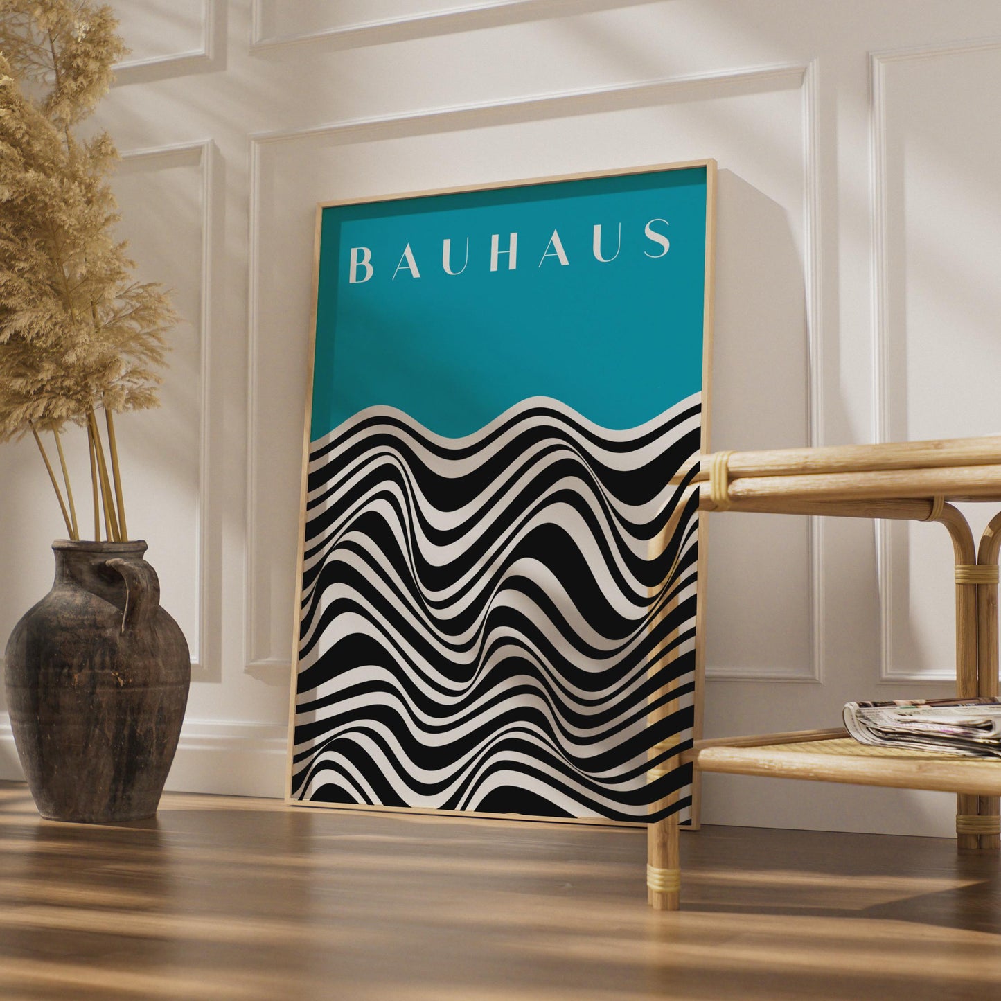 Bauhaus Waves Poster, Turquoise Black White Abstract Art Print wall art print