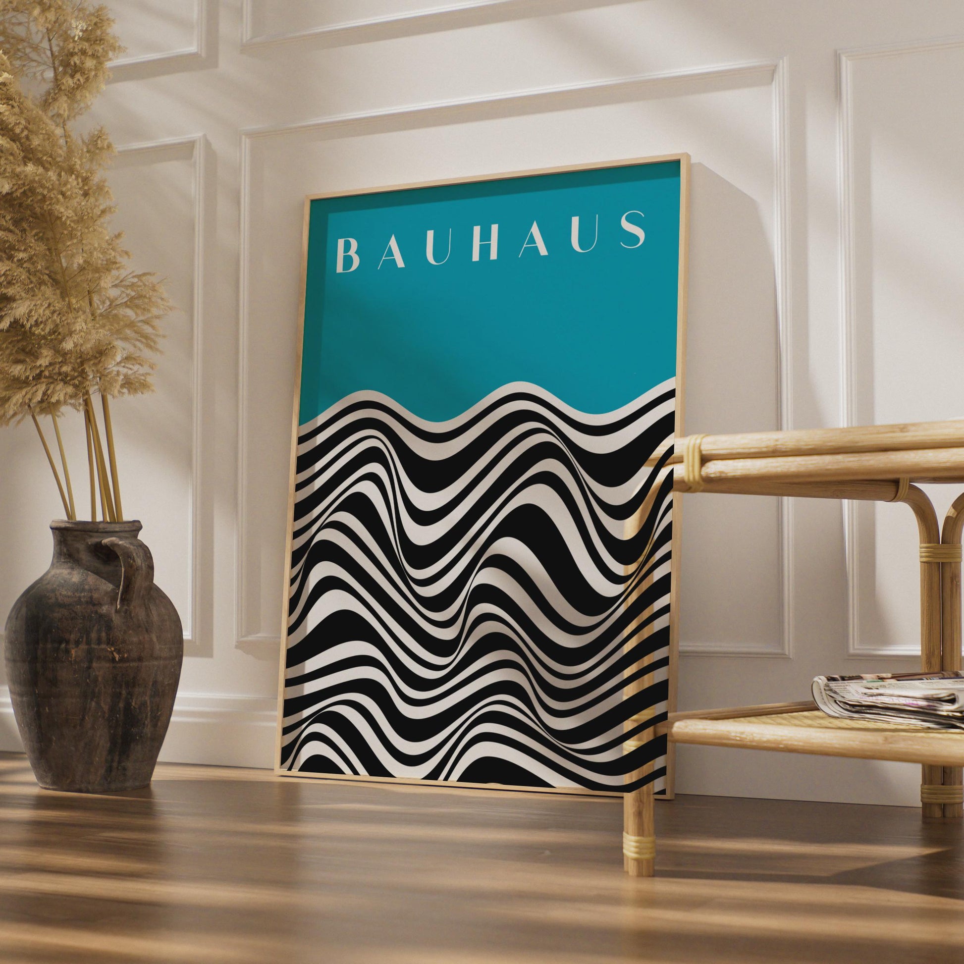 Bauhaus Waves Poster, Turquoise Black White Abstract Art Print wall art print