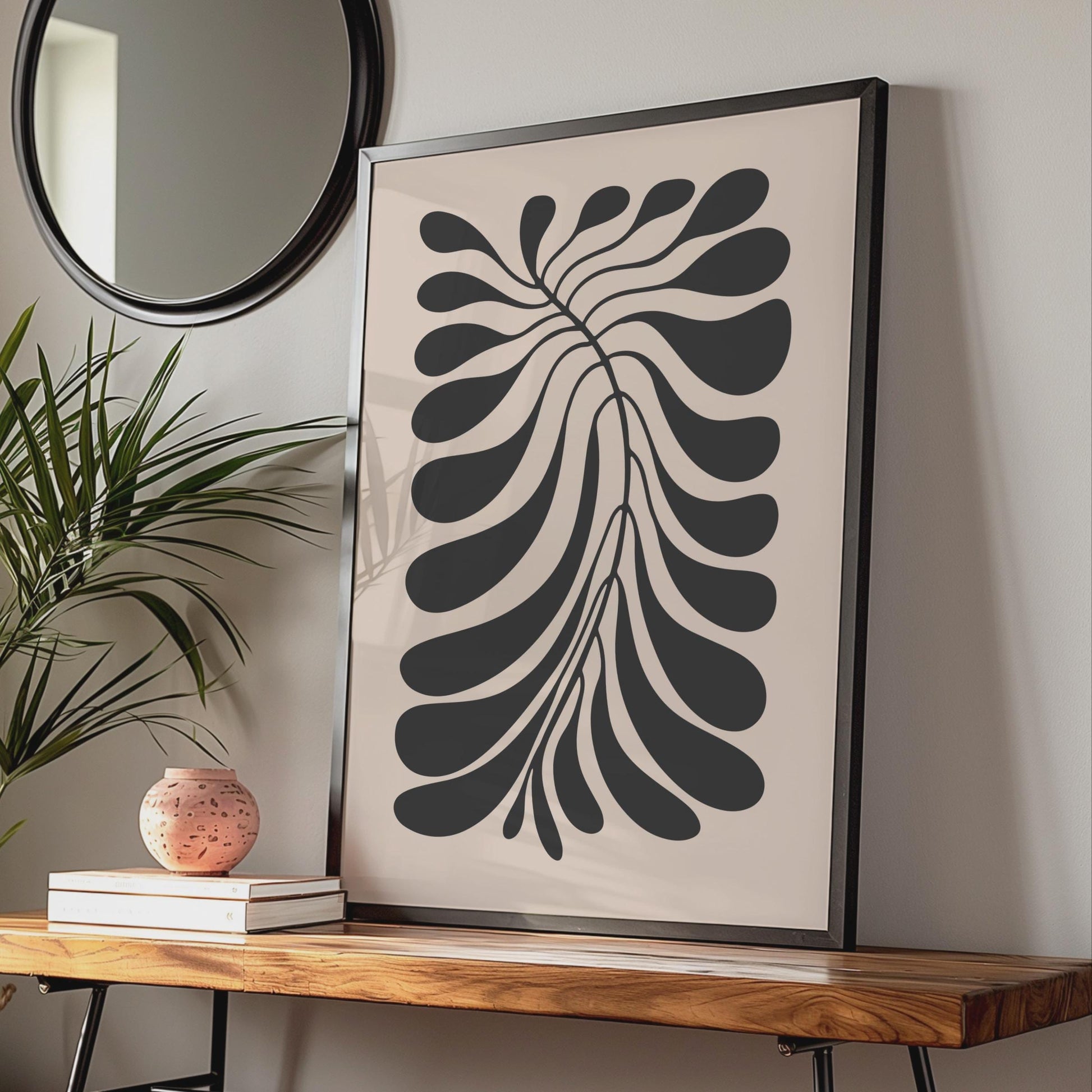 Botanical Leaf Art Print, Minimalist Black Beige Wall Art wall art print
