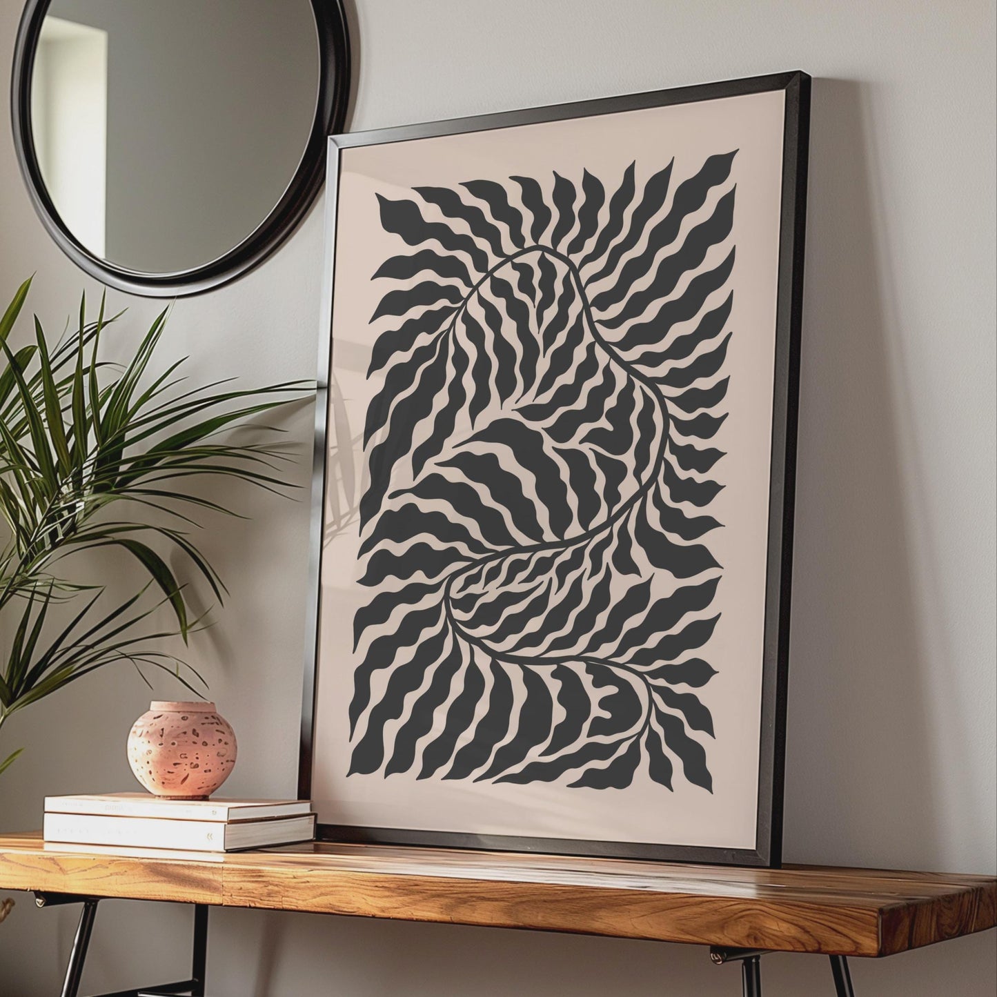 Bold Botanical Leaf Poster, Abstract Black and Beige Wall Art, Minimalist Botanical Decor wall art print