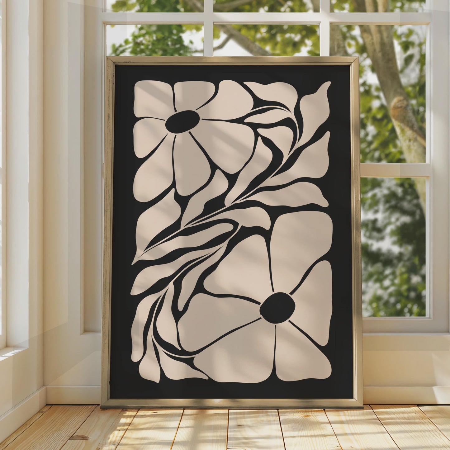 Botanical Flower Poster, Minimalist Floral Art Print, Modern Wall Decor, Black and Beige, Nature wall art print