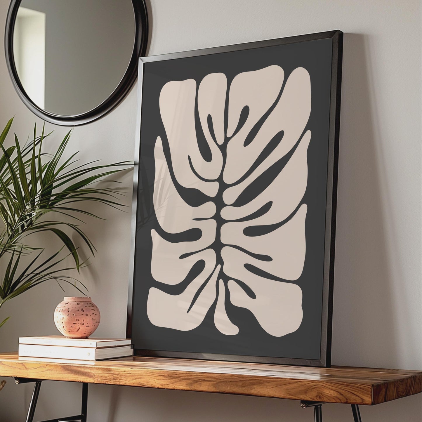 Minimalistic Botanical Wall Art, Abstract Monstera Print, Organic Shape Poster, Black and Beige wall art print
