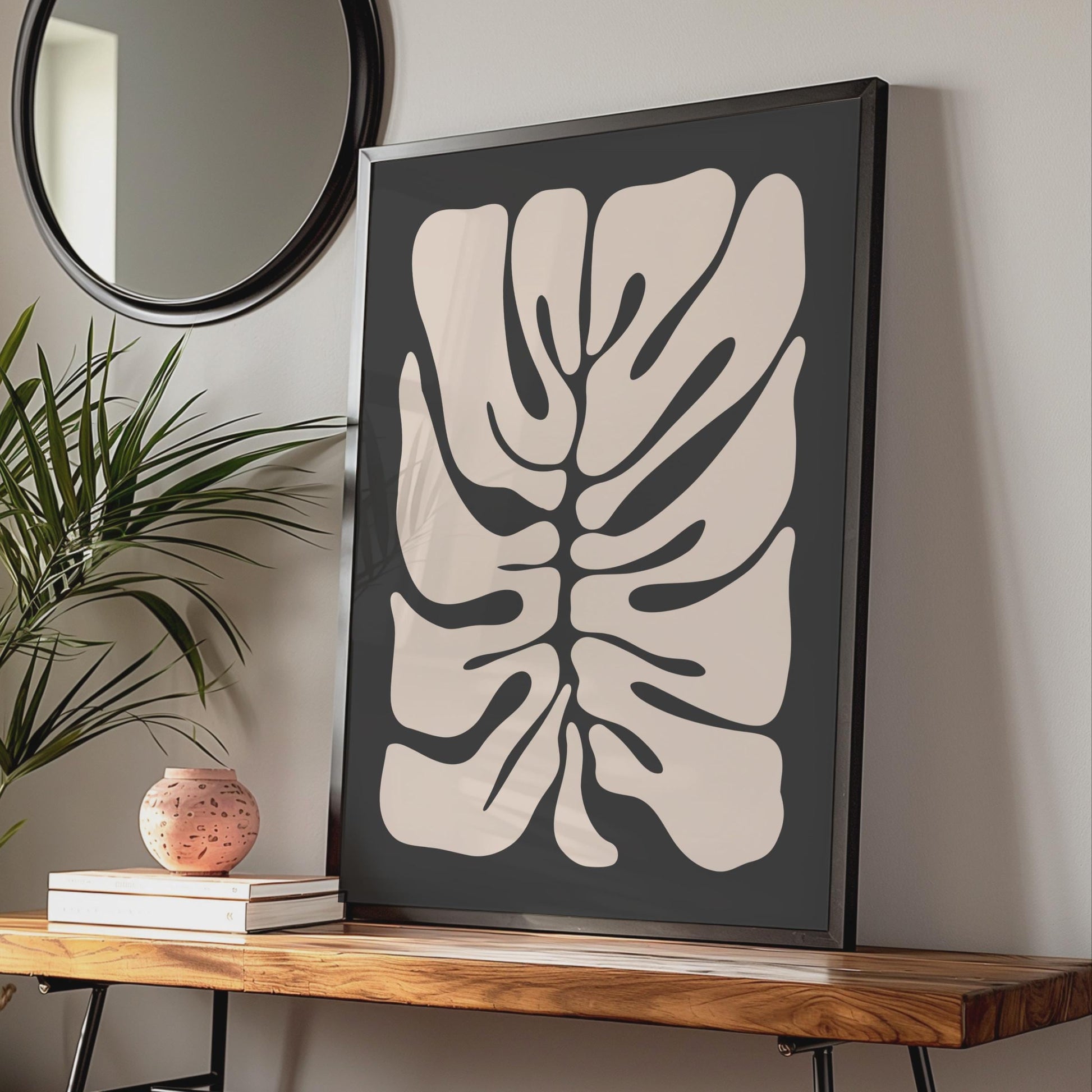 Minimalistic Botanical Wall Art, Abstract Monstera Print, Organic Shape Poster, Black and Beige wall art print