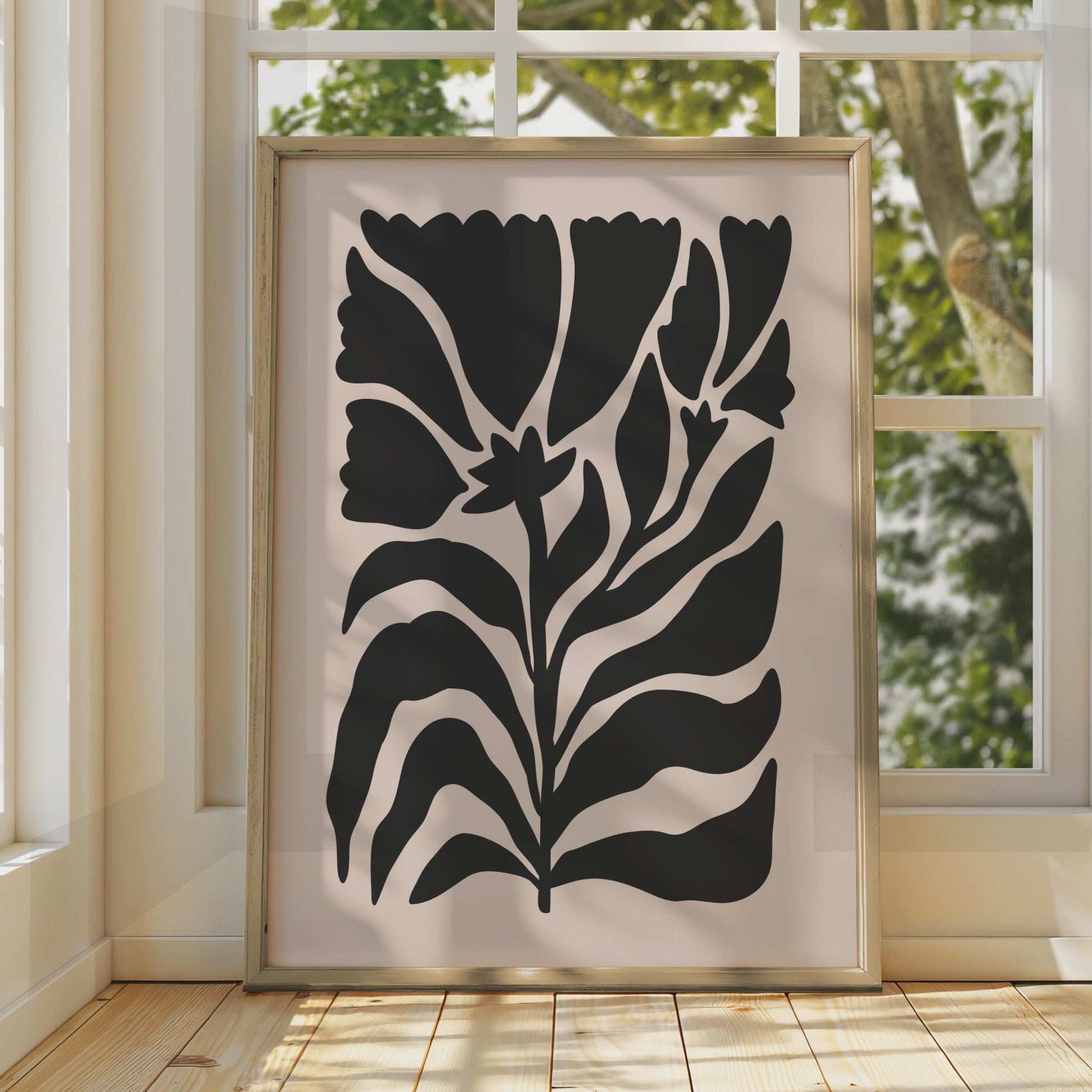 Botanical Flower Print, Minimalist Floral Wall Art, Black Flowers on Soft Pink Background wall art print