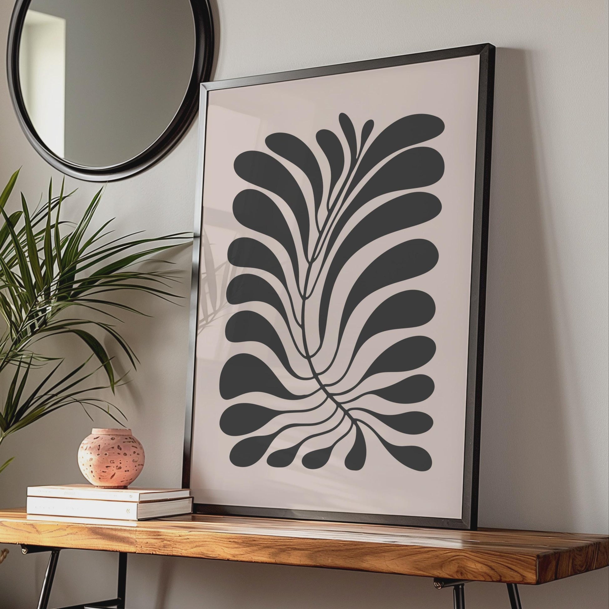 Minimalist Botanical Wall Art, Black Leaf Print on Soft Pink Background, Modern Home Decor wall art print