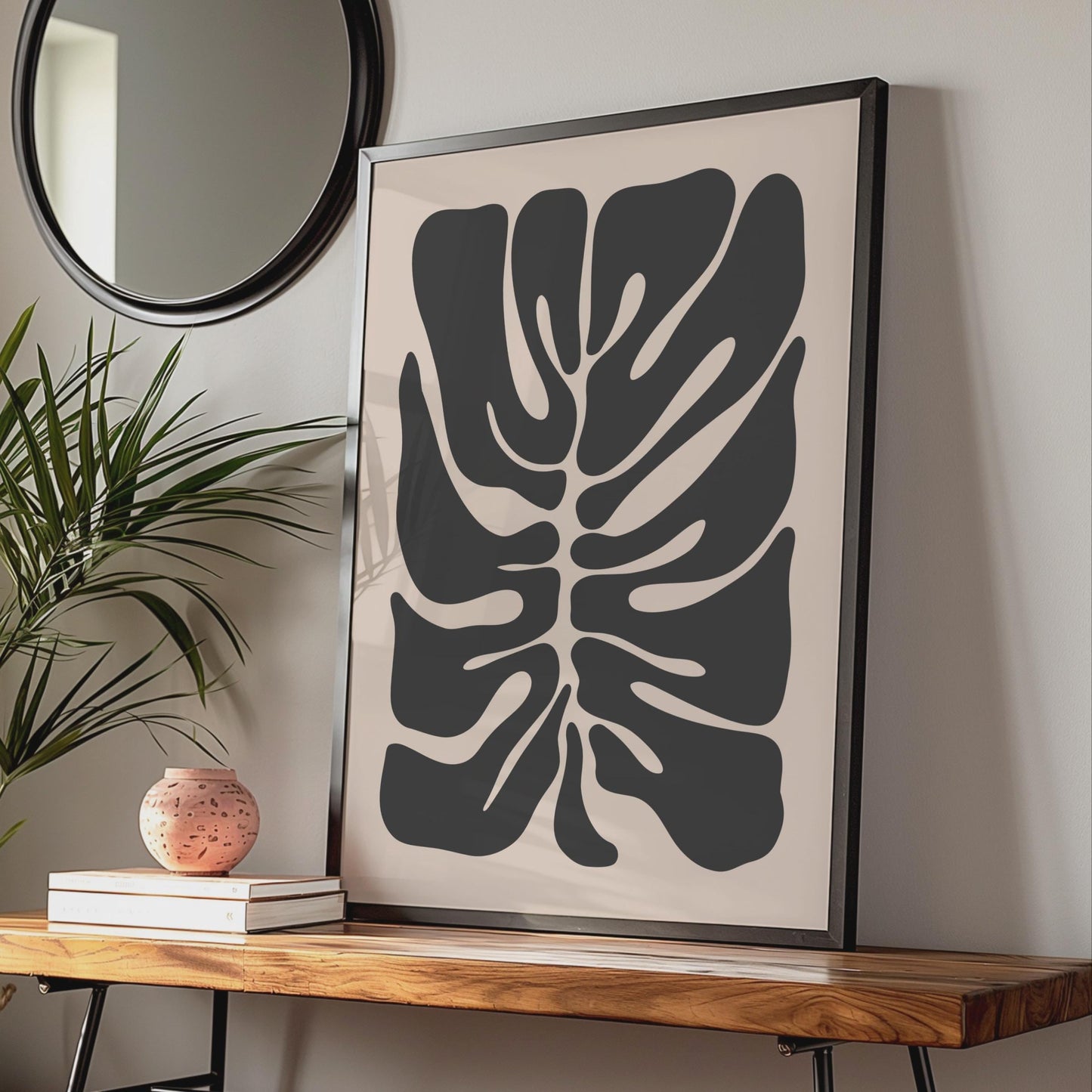 Abstract Monstera Leaf Art Print, Botanical Wall Decor, Black and Beige Tropical Poster wall art print