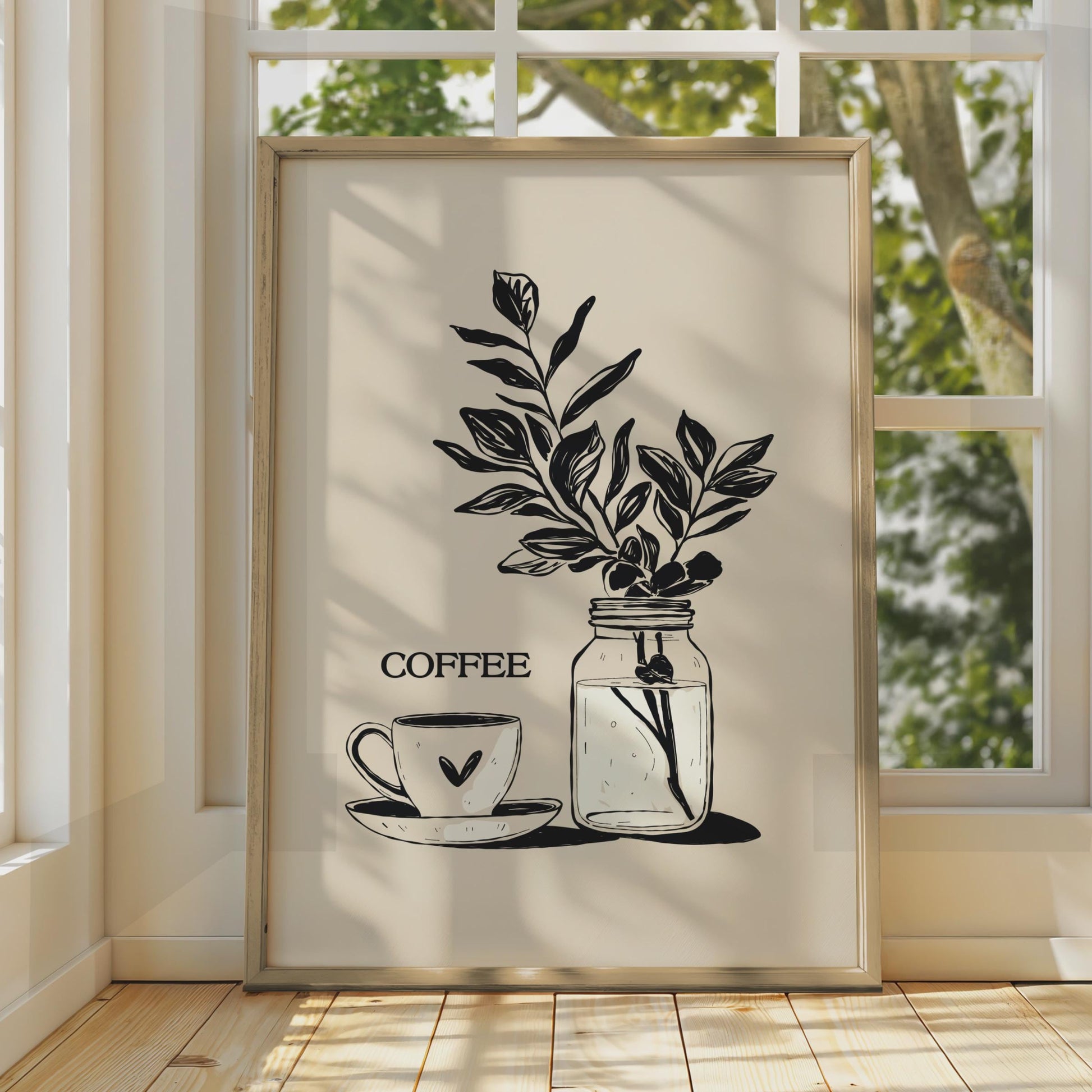 Botanical Coffee Wall Art, Minimalist Print, Coffee Cup and Leaves Decor, Kitchen Artwork wall art print