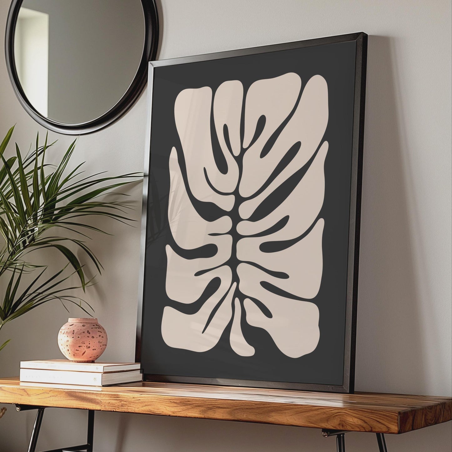 Minimalist Botanical Leaf Print, Abstract Monstera Plant Wall Art, Cream on Black Framed Decor wall art print