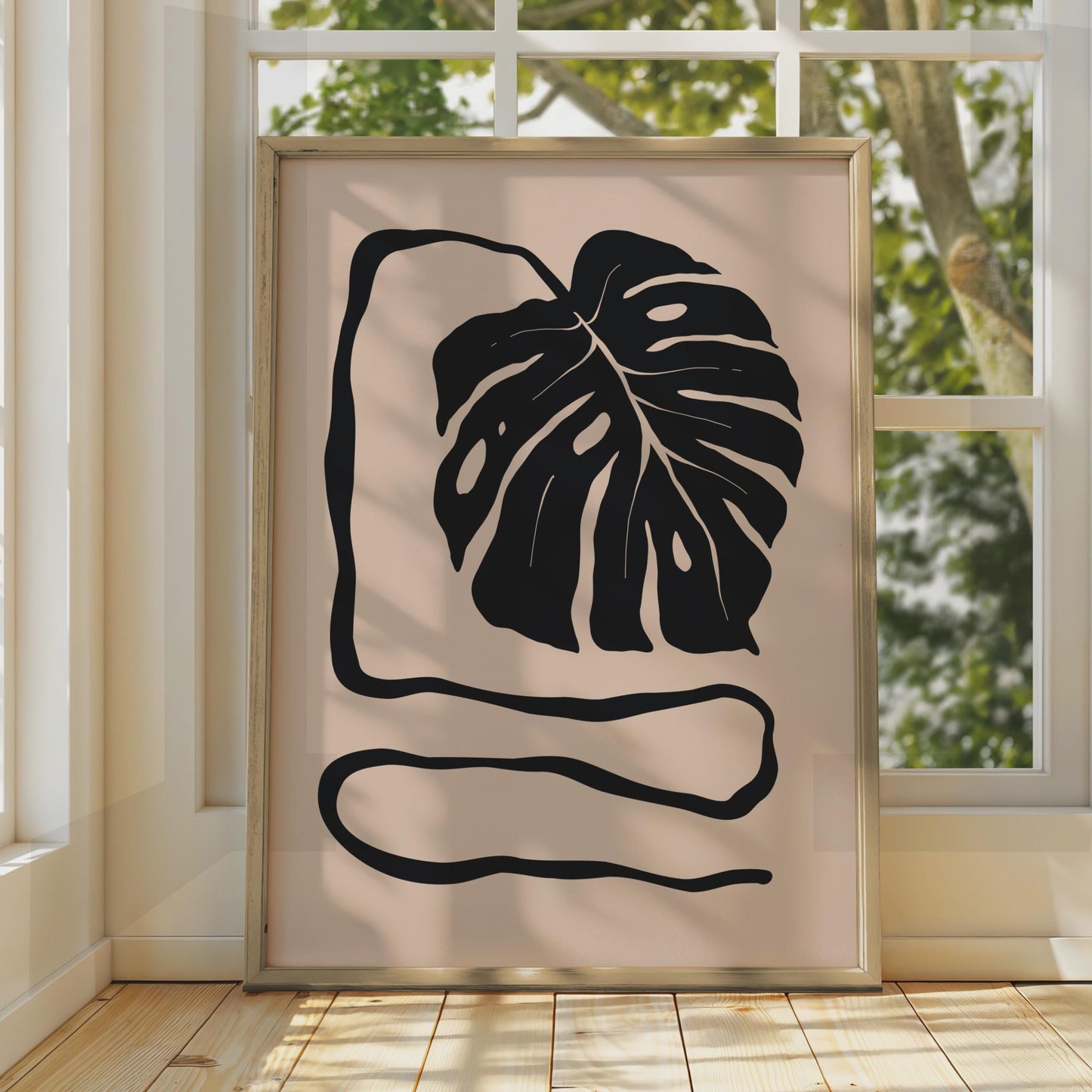 Botanical Monstera Leaf Print, Minimalist Black Beige Wall Art wall art print