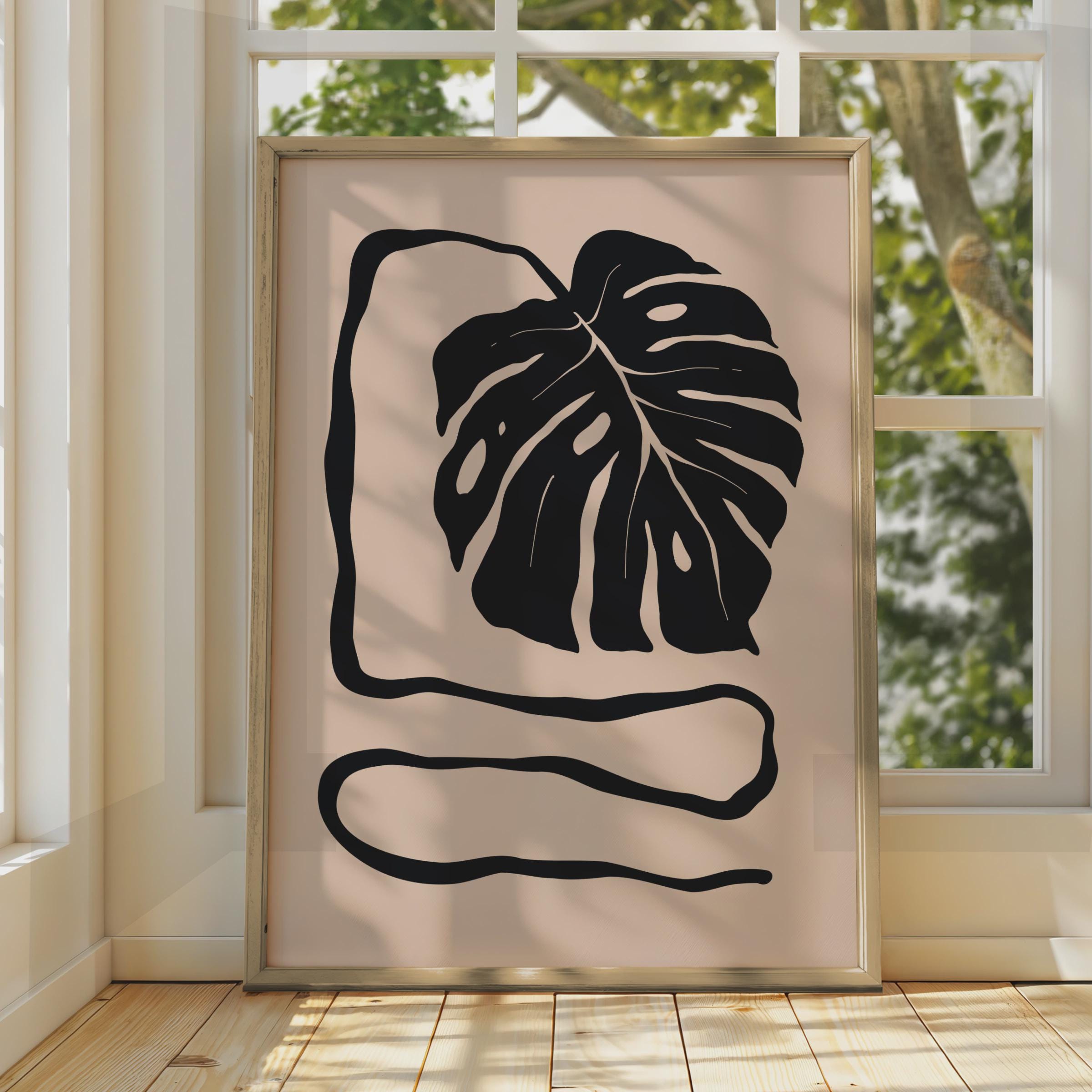 Botanical Monstera Leaf Print, Minimalist Black Beige Wall Art wall art print