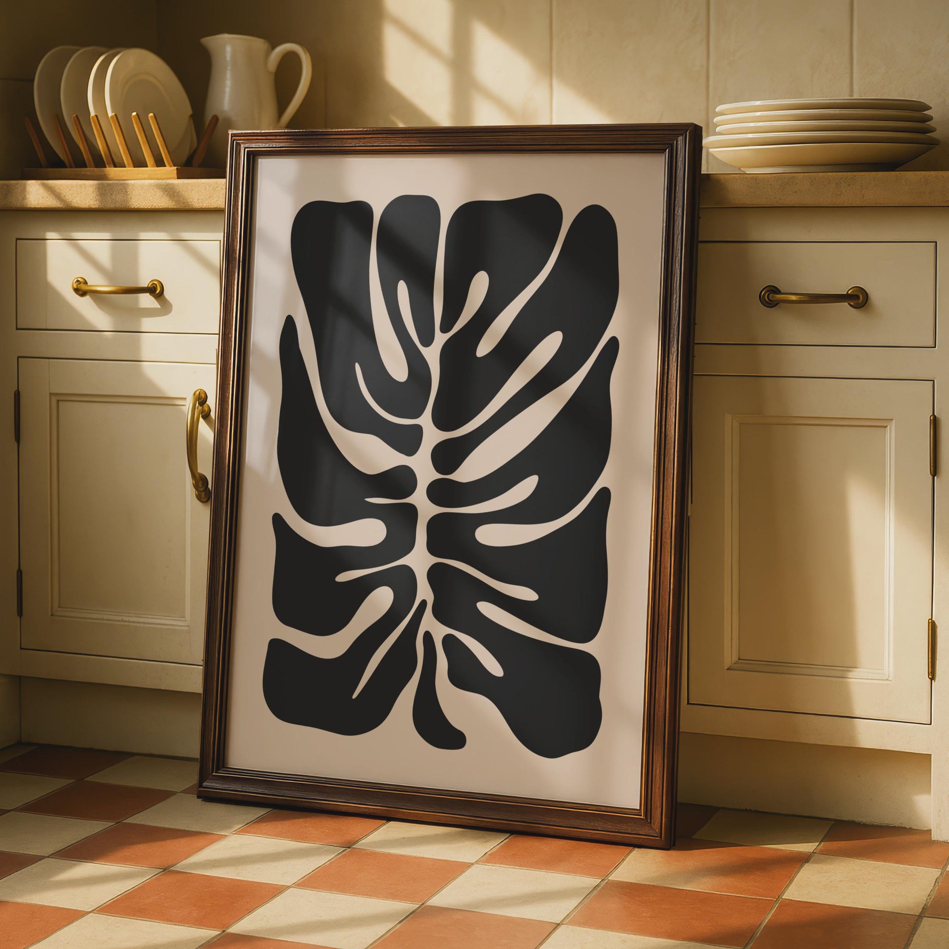 Abstract Monstera Leaf Art Print, Botanical Wall Decor, Black and Beige Tropical Poster wall art print