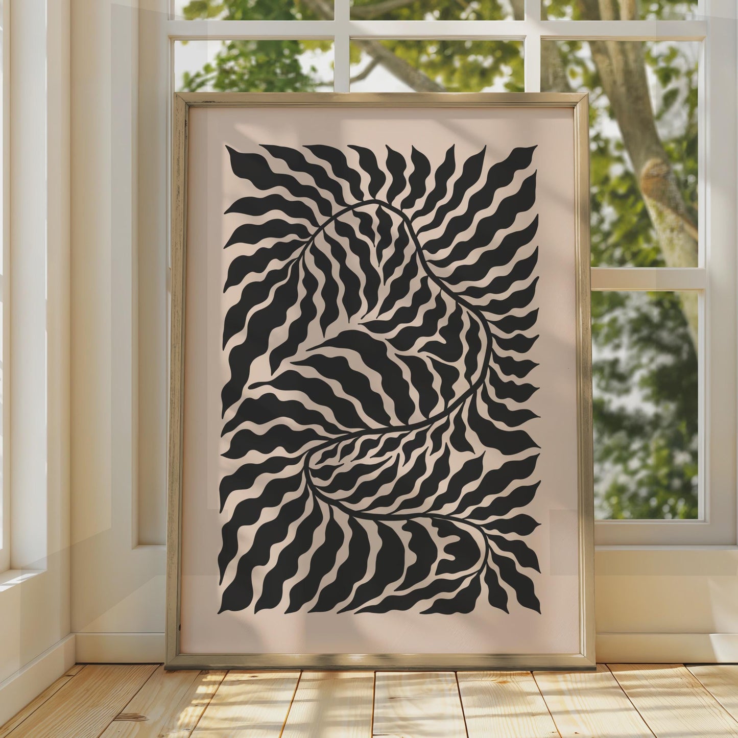 Bold Botanical Leaf Poster, Abstract Black and Beige Wall Art, Minimalist Botanical Decor wall art print