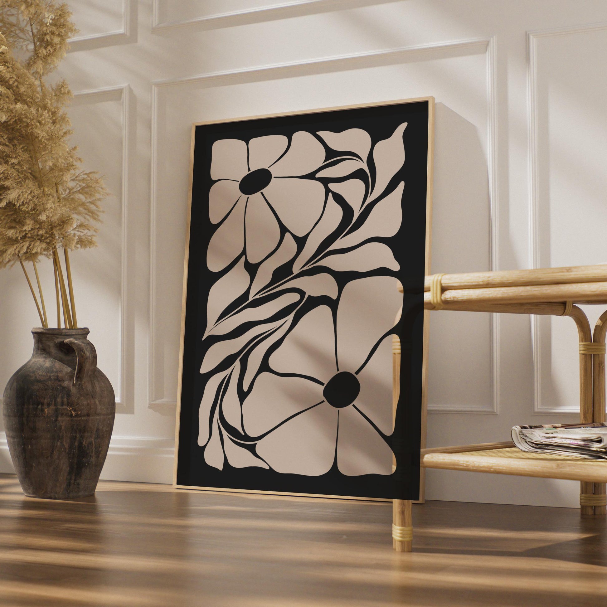 Botanical Flower Poster, Minimalist Floral Art Print, Modern Wall Decor, Black and Beige, Nature wall art print